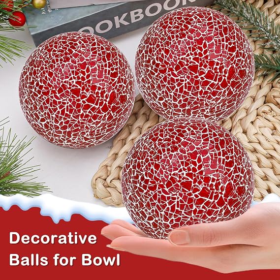3 Pcs Mosaic Sphere Balls Decorative for Bowls,3.15 Inch Red Orbs Glass Balls for Centerpiece Bowls,Mosaic Sphere for Home Decoration Dining Table