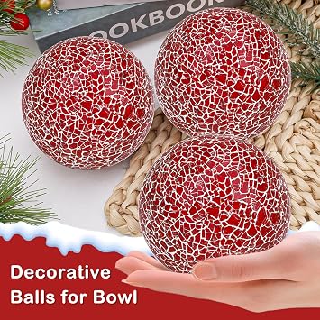 3 Pcs Mosaic Sphere Balls Decorative for Bowls,3.15 Inch Red Orbs Glass Balls for Centerpiece Bowls,Mosaic Sphere for Home Decoration Dining Table