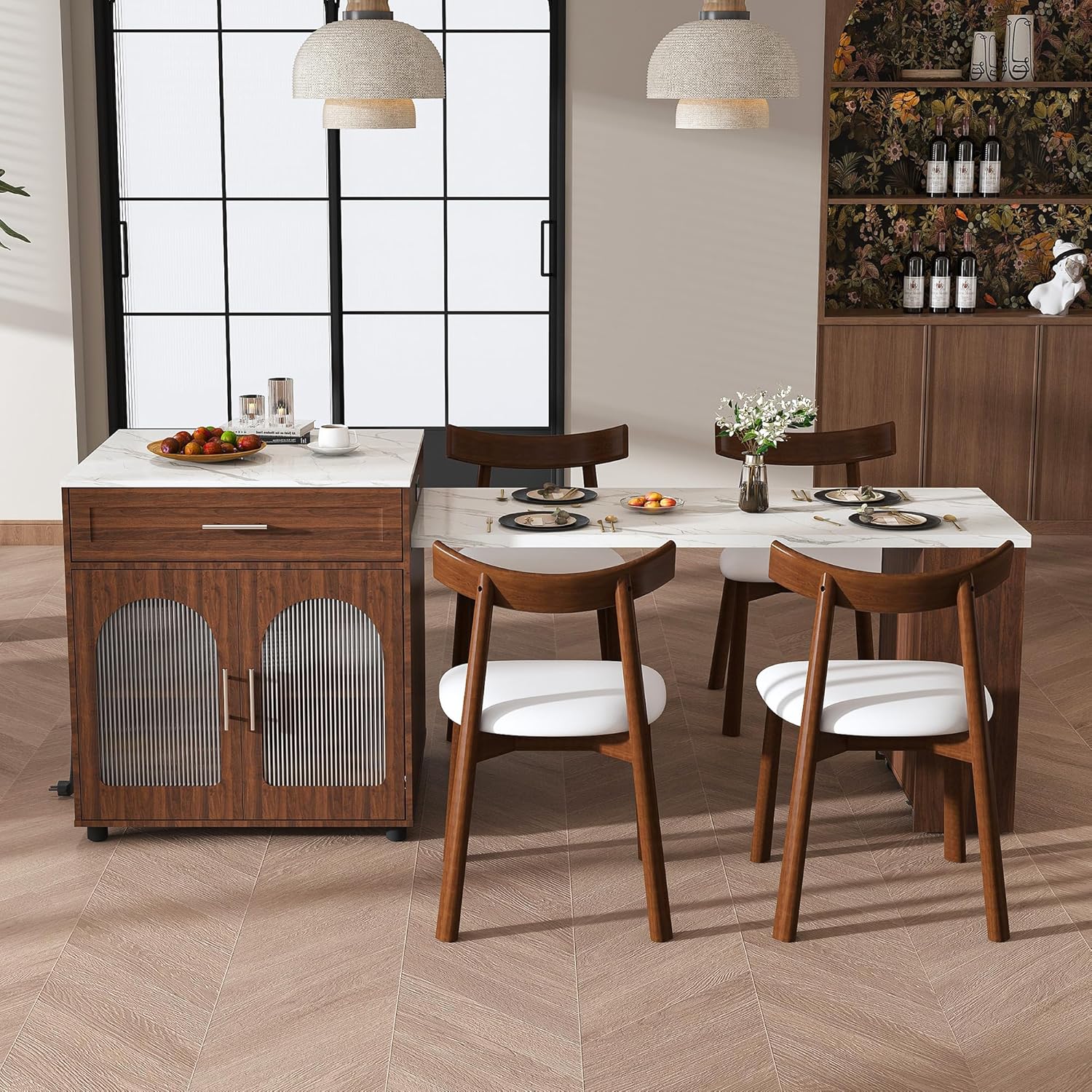 80" Kitchen Island with Extendable Dining Table, Marble-Grain Countertop with Power Outlet, Rolling Kitchen Cart with Storage Cabinet & 2 Drawers for Dining Room House Bar, Walnut