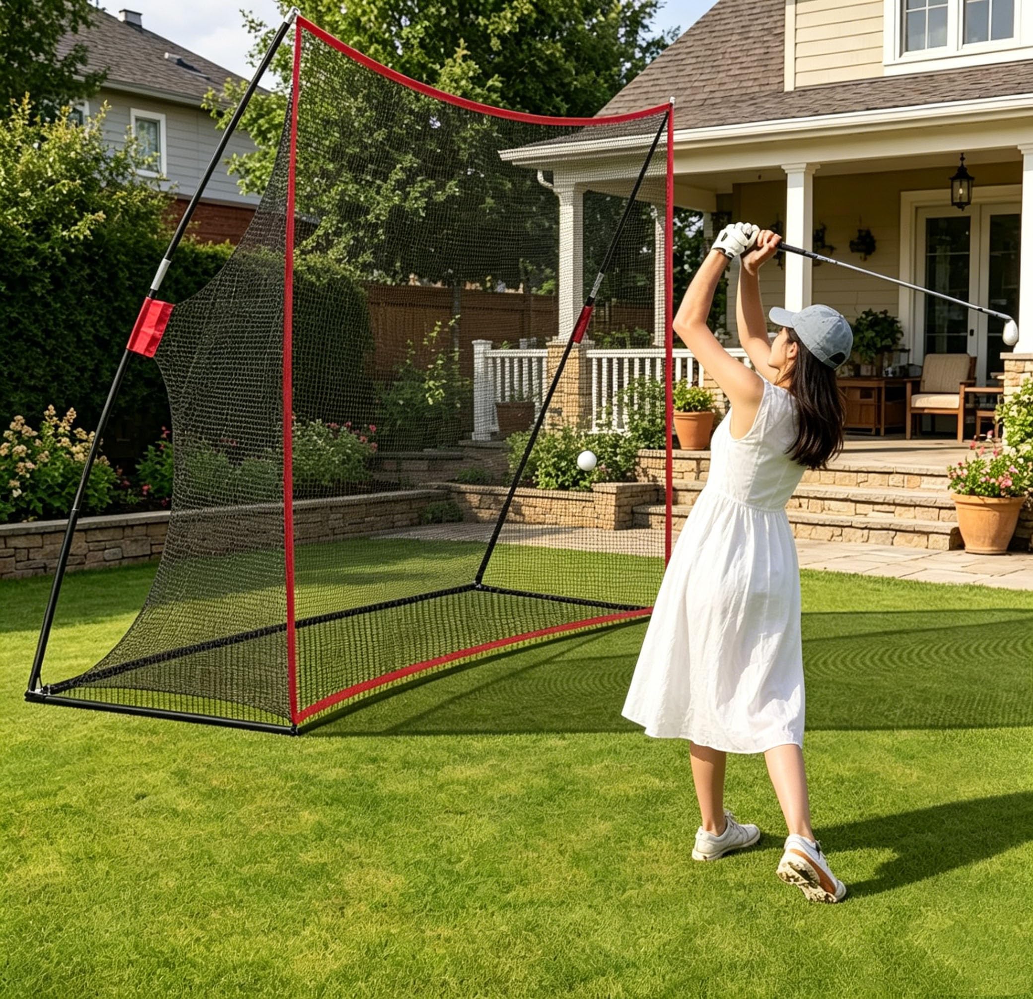 Golfnetz riesig 305x93x217 cm tragbar stabiles Golf Übungsnetz für Innen & Außen mit Aufbewahrungsnetz & 4 Heringen Trainingshilfe für Zuhause schwarz/rot