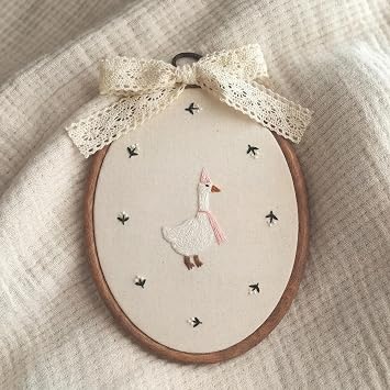 Yalikop Large Silly Goose Wall Art 7 x 10 Embroidered Goose Nursery Decor with Bow Lace Wooden Hoop Coquette Framed Canvas Artwork Hanging Decor for Baby Shower Bedroom DecorationPink