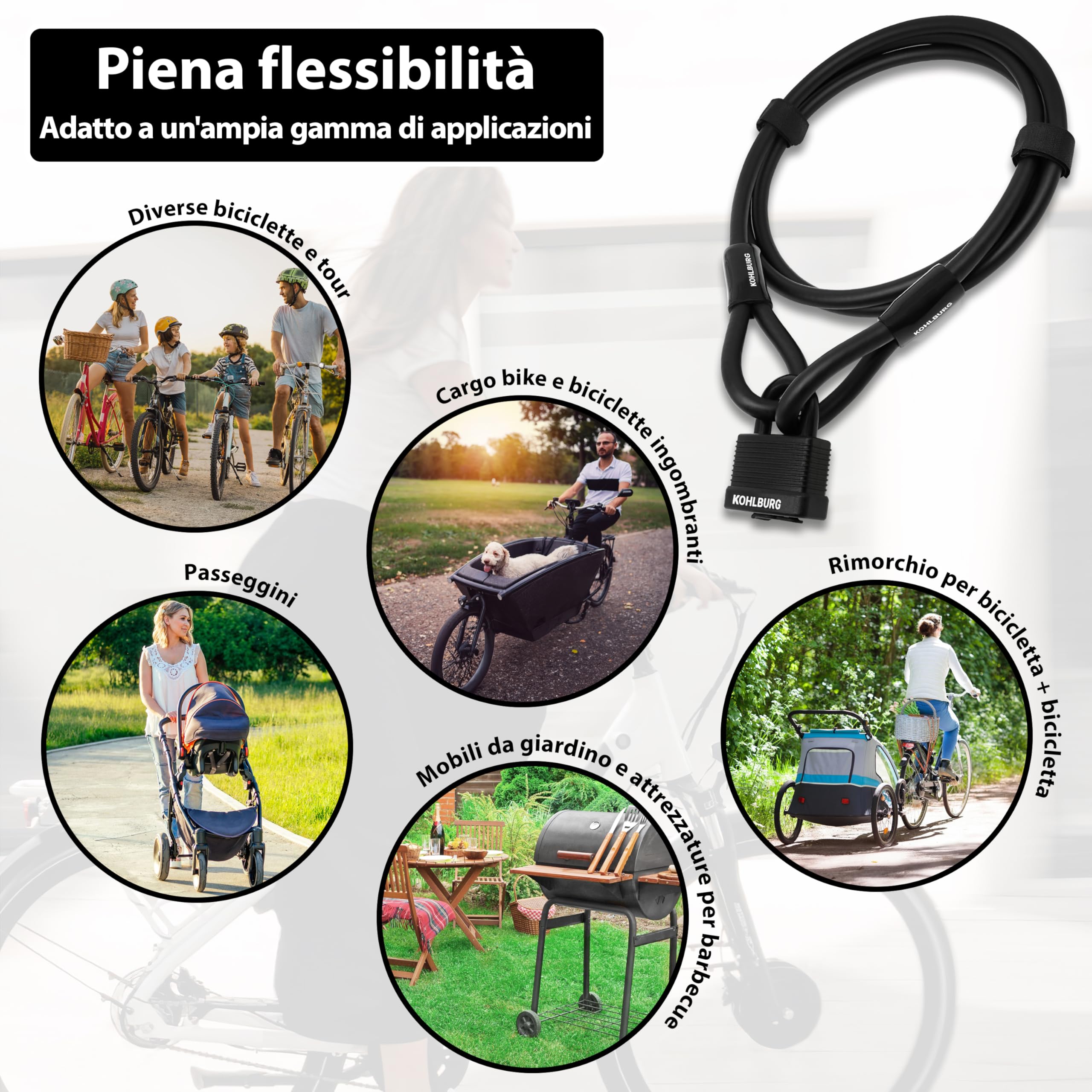 KOHLBURG antifurto bici a cavo acciaio da 2m – lucchetto bici con chiusura a chiave a scatto cavo da 200 cm – per catenaccio bici elettrica, per rimorchio, bicicletta, monopattino e passeggino