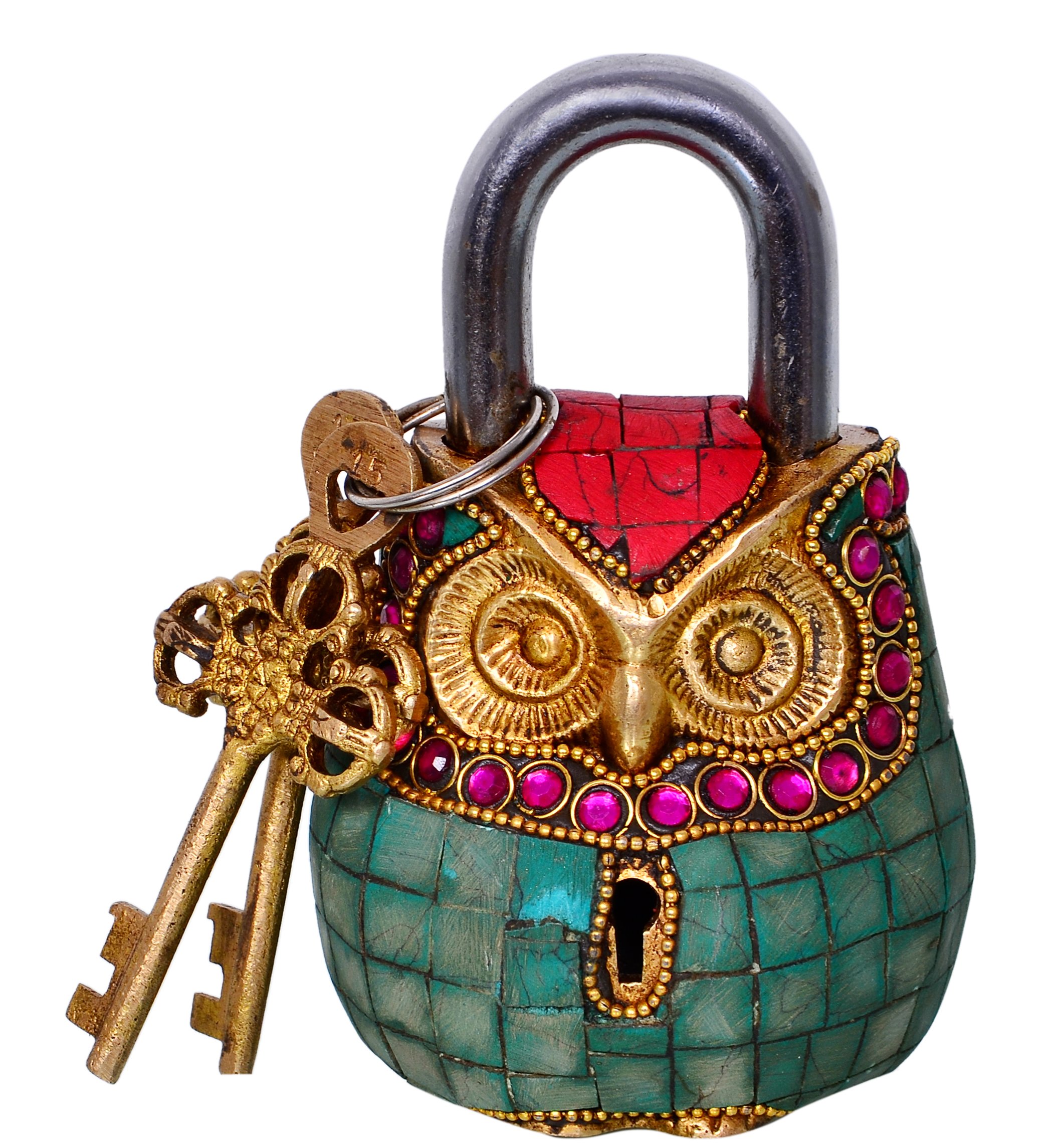 Purpledip Owl Shaped Brass Lock Padlock: Handmade Antique Design with Colorful Gemstone Work, Unique Collectible Combination of Style & Security (Golden, 10684)