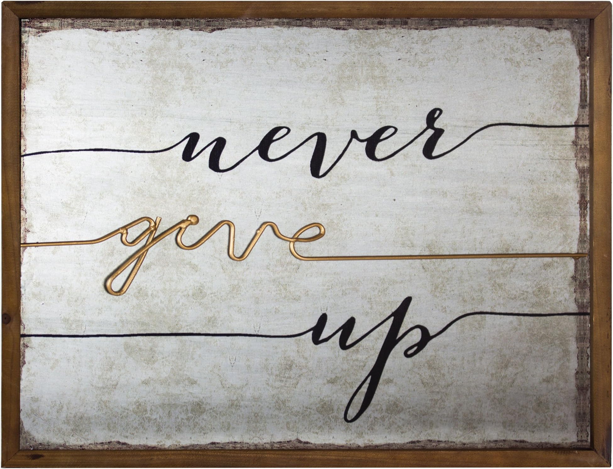 American Art Decor Never Give Up 3 Dimensional Rustic Wood Metal Farmhouse Style Framed Hanging Wall Art Decor