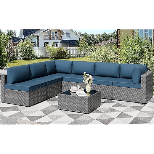 Shintenchi 7 Pieces Outdoor Patio Furniture Sets, Patio Sectional Sofa Couch, Gray PE Wicker Furniture Modular Patio Conversation Sets Patio Sofa with Washable Cushions, Aegean Blue