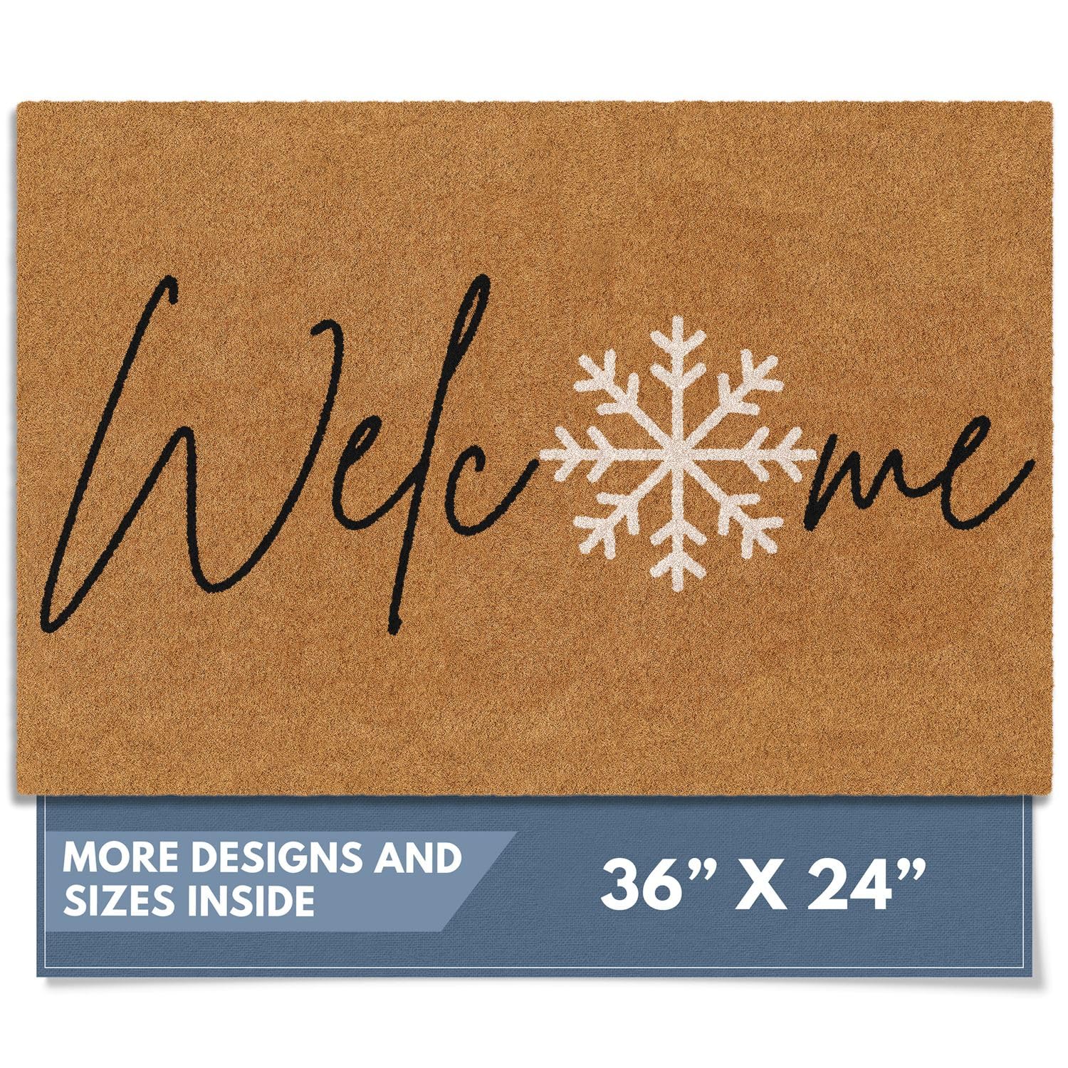 Barnyard Designs Natural Coco Coir Christmas Doormat - Large Cute Non-Slip Heavy Duty Backing Door Mat for Outside Entrance or Porch Entry, Brown (24x36, Winter Snowflake)