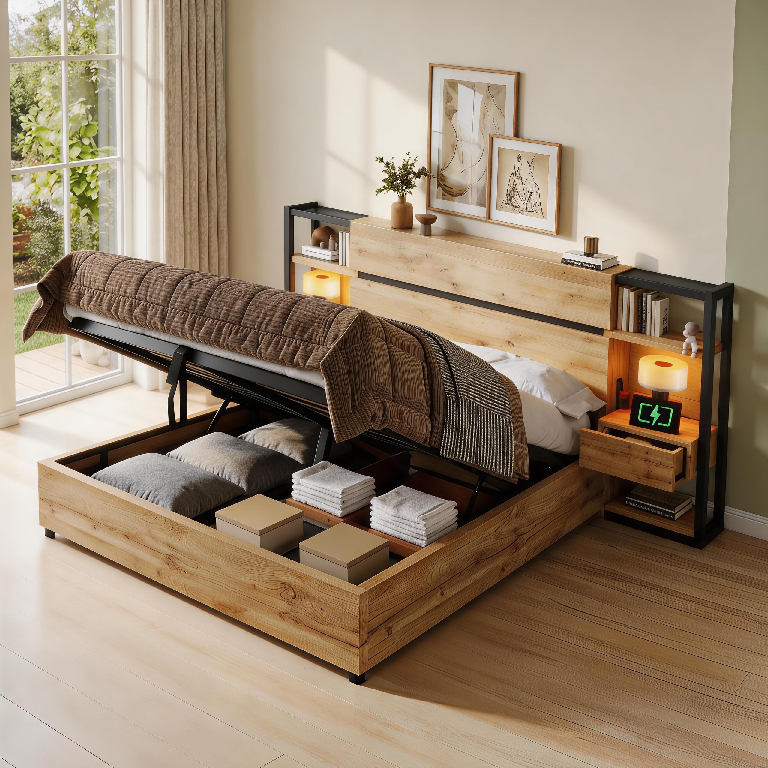 Cama de matrimonio de 160 x 200 cm con cajones y puerto de carga USB y tipo C de madera, cama de almacenamiento hidráulico, cabecero de almacenamiento, somier con listones de madera, acabado