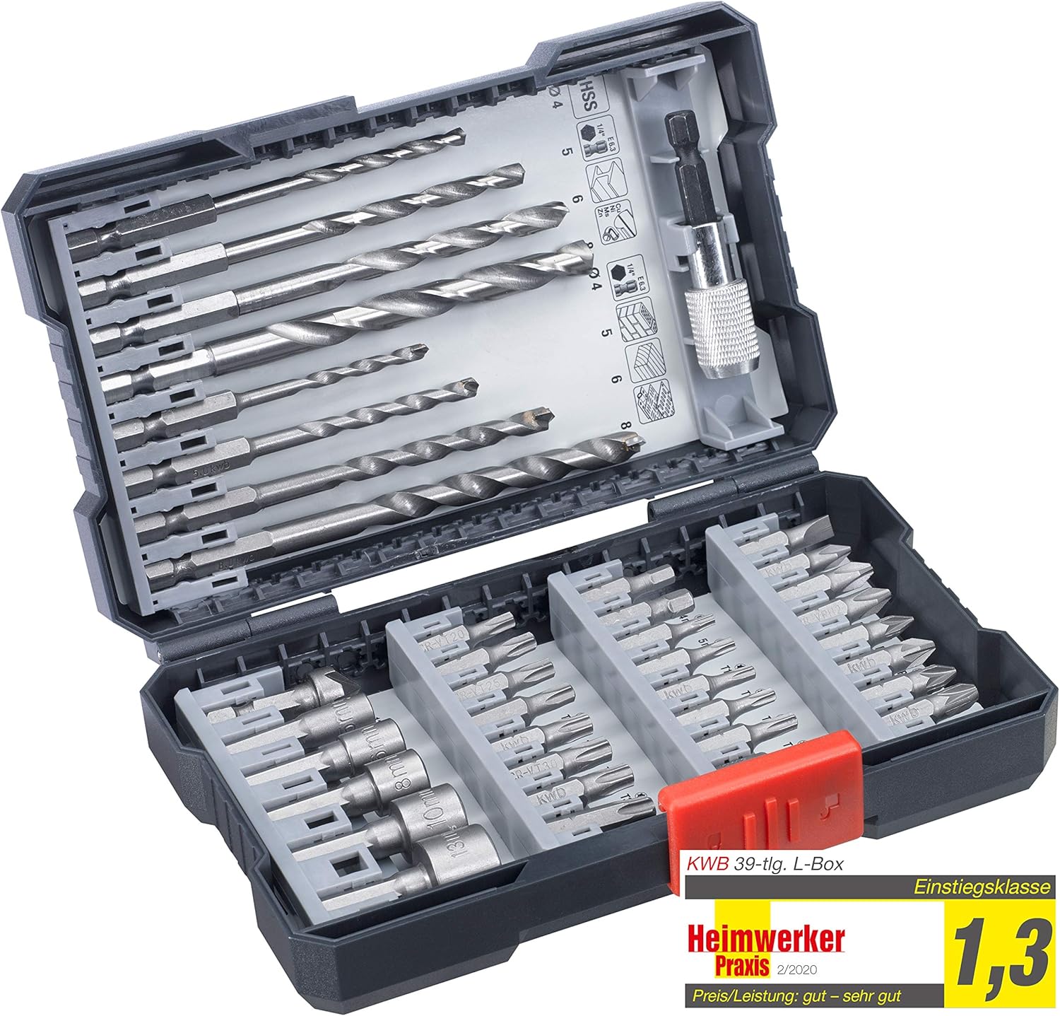 kwb 108960 39-Piece Drill Box m. Hexagonal Shank, HSS Metal Drill, 4 x Masonry Drills and bits PH, PZ and Torx in Set incl. Countersink, bit Holder and Socket Wrench bits