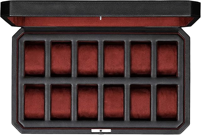 ROTHWELL Watch Box for Men - 12 Slot Luxury Watch Case Display Organizer, Microsuede Liner, Locking Mens Jewelry Watches Holder, Men's Storage Boxes Holder Large Glass Top (Black/Red) (Black / Red)