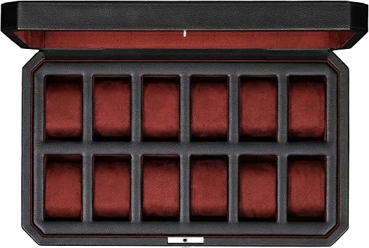 ROTHWELL 12 Slot Leather Watch Box for Men - Luxury Case Display Jewelry Organizer with Microsuede Liner - Travel Jewelry Case for Mens Accessories, Travel Organizer Black & Red
