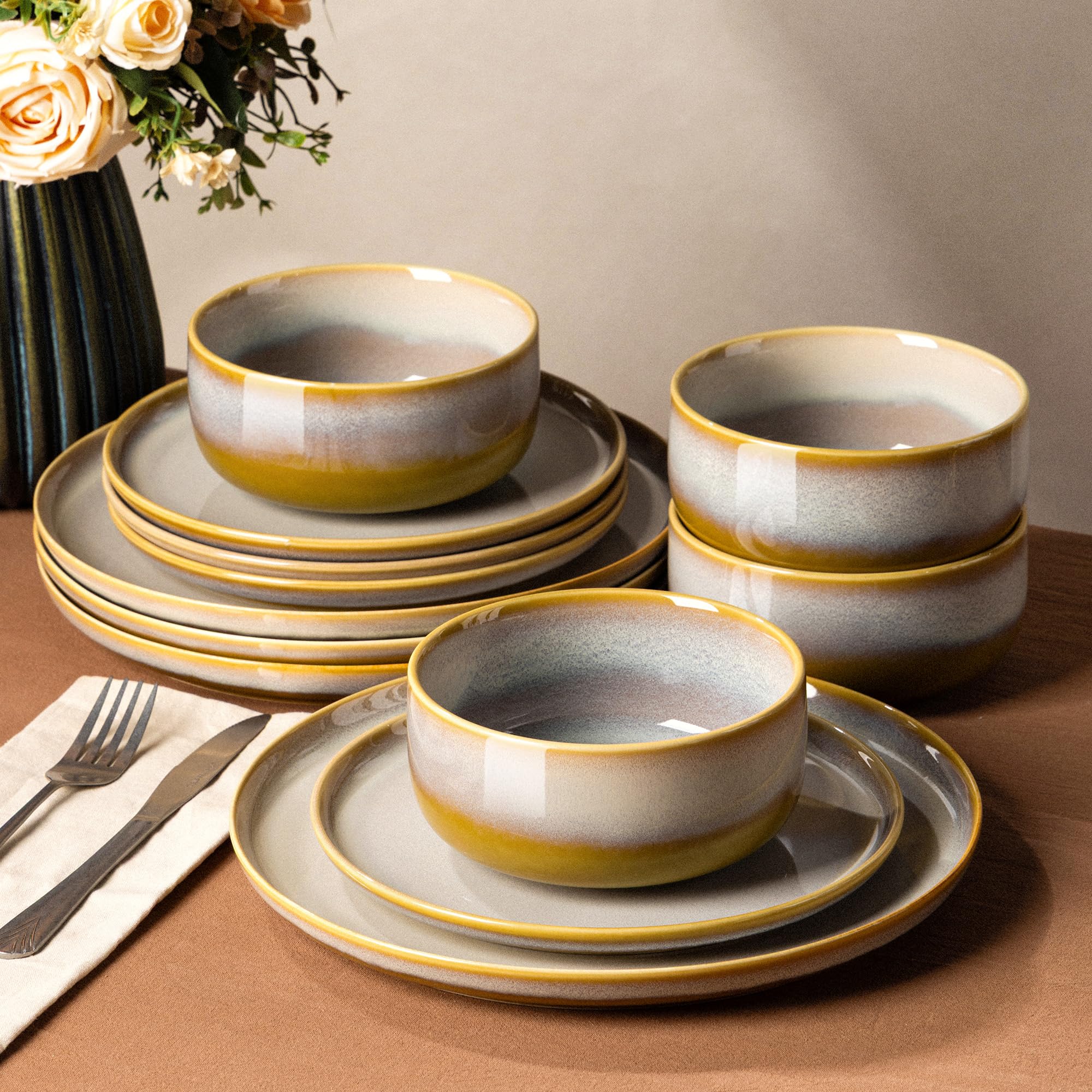 TheTerra Ceramic Dinnerware Set for 4, 12-Piece Plates and Bowls Set | Handmade Reactive Glaze Dish Set, Scratch Resistant, Oven &amp; Microwave &amp; Dishwasher Safe, Autumn Haze