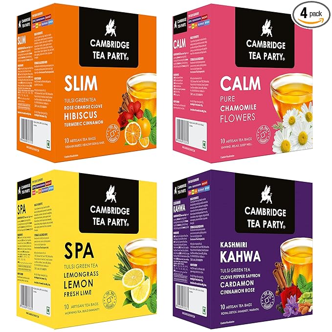 Cambridge Tea Party Assorted Tulsi Green Tea 40 Bags, Kashmiri Kahwa, Slim Orange Rose Hibiscus, Spa Lime Lemongrass, Calm Chamomile at Rs. 149