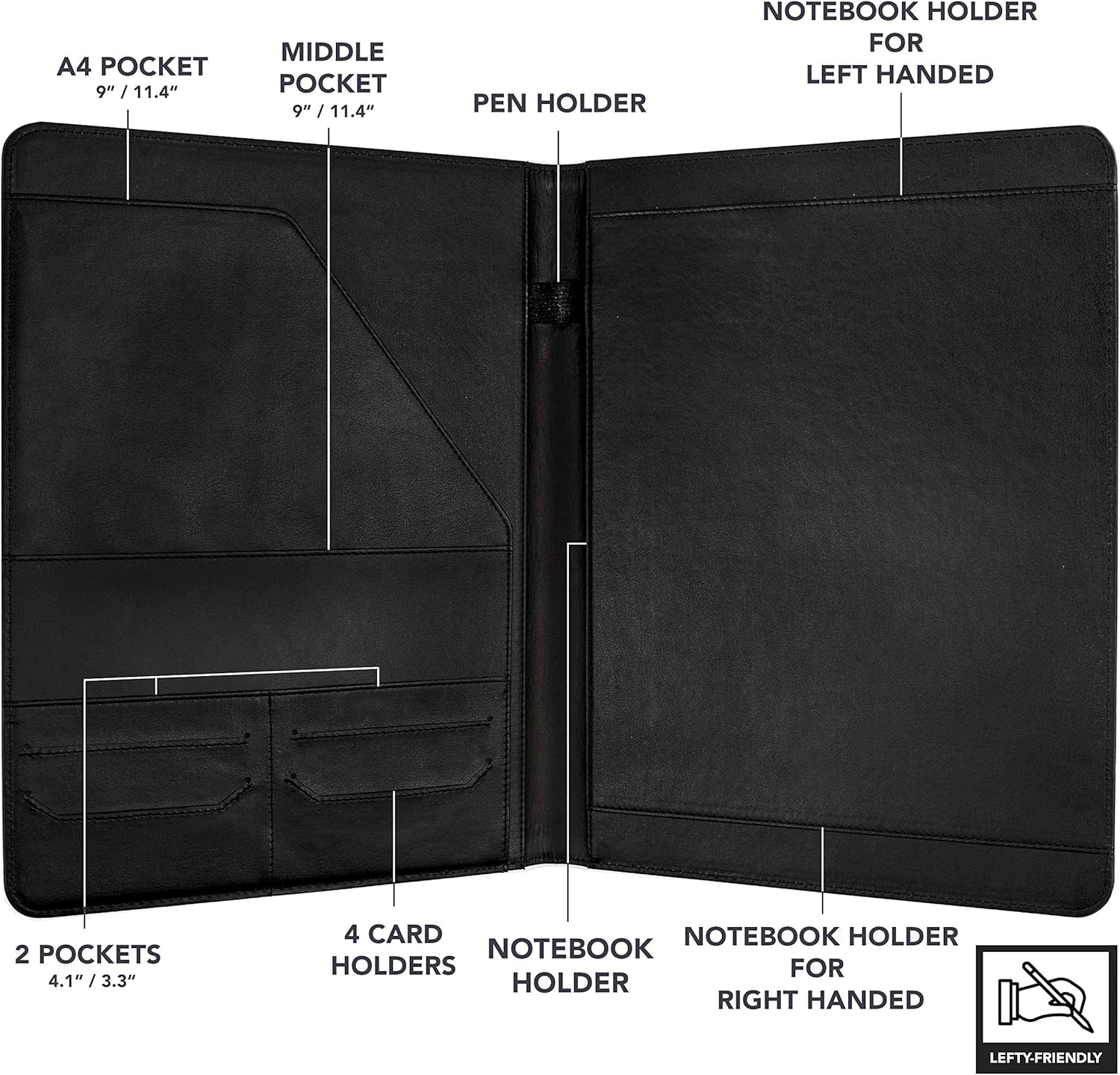 Wundermax Portfolio Binder - 12.8 x 9.8 x 0.6 Inch Vegan Leather Padfolio for Women and Men w/ Notepad, Pockets for Tablet, Resume and Documents - Black : Office Products
