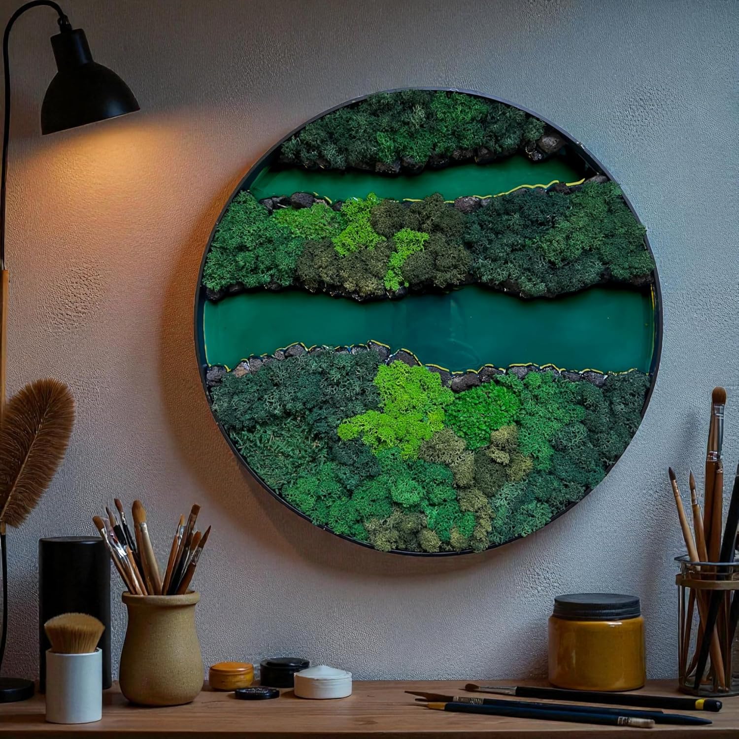 Serenzy 16" Round Moss Wall Art with Teal Epoxy River and Volcanic Rock | 3D Preserved Biophilic Decor | Zero Maintenance Office & Home Accent | Unique Housewarming Gift