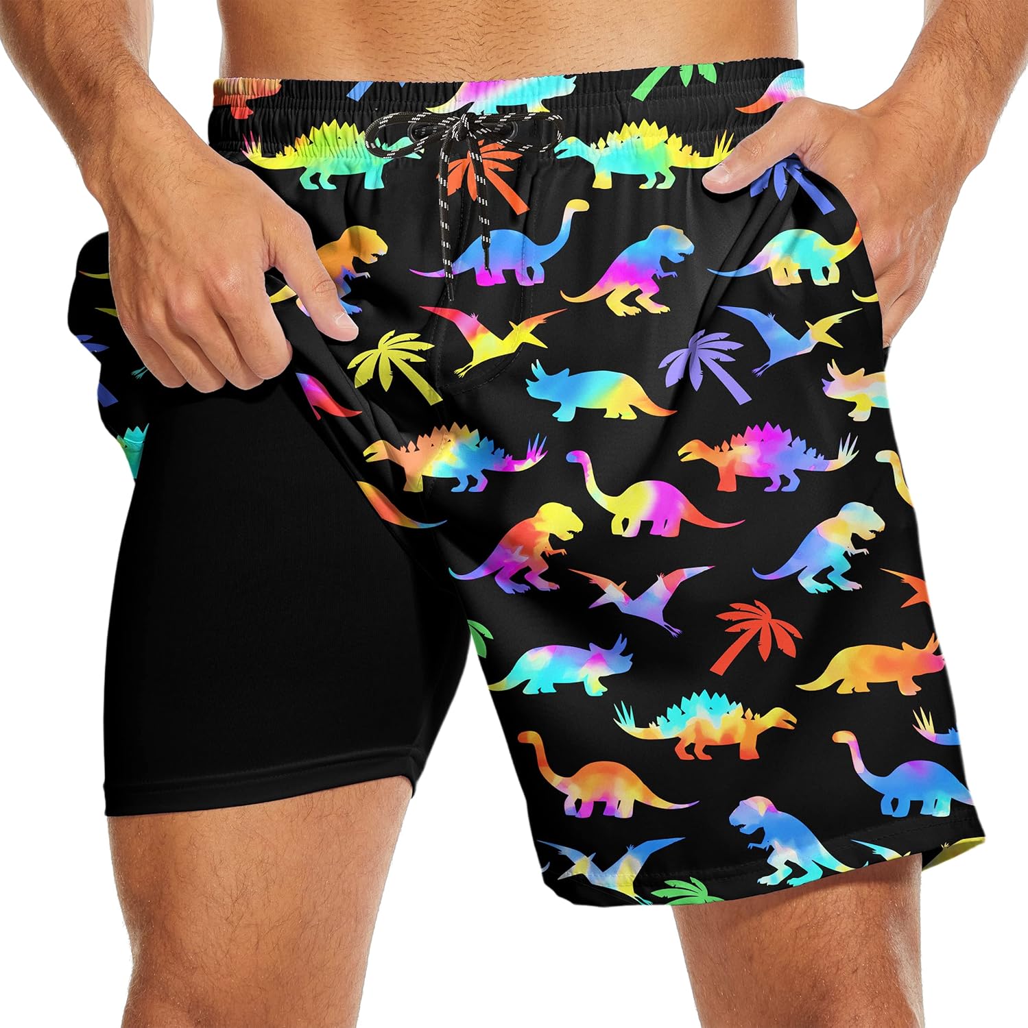 Mens Swim Trunks with Compression Liner 7" Bathing Suit Swimming Shorts Quick Dry Board Shorts Swimsuits with Pockets