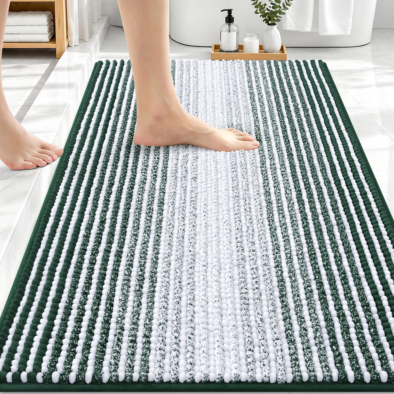 OLANLY Bathroom Rugs 30x20, Soft Chenille Striped Bath Rugs, Blackish Green