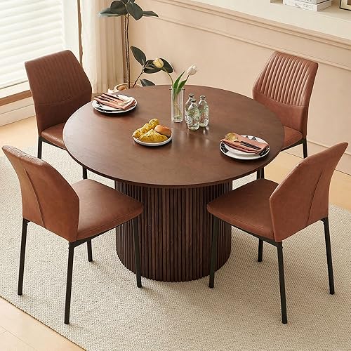 Miniatura 45 de Juego de mesa de comedor para 4, mesa de comedor rectangular irregular de madera moderna, sillas de comedor de cuero, 4 mesas y sillas, juego de 4