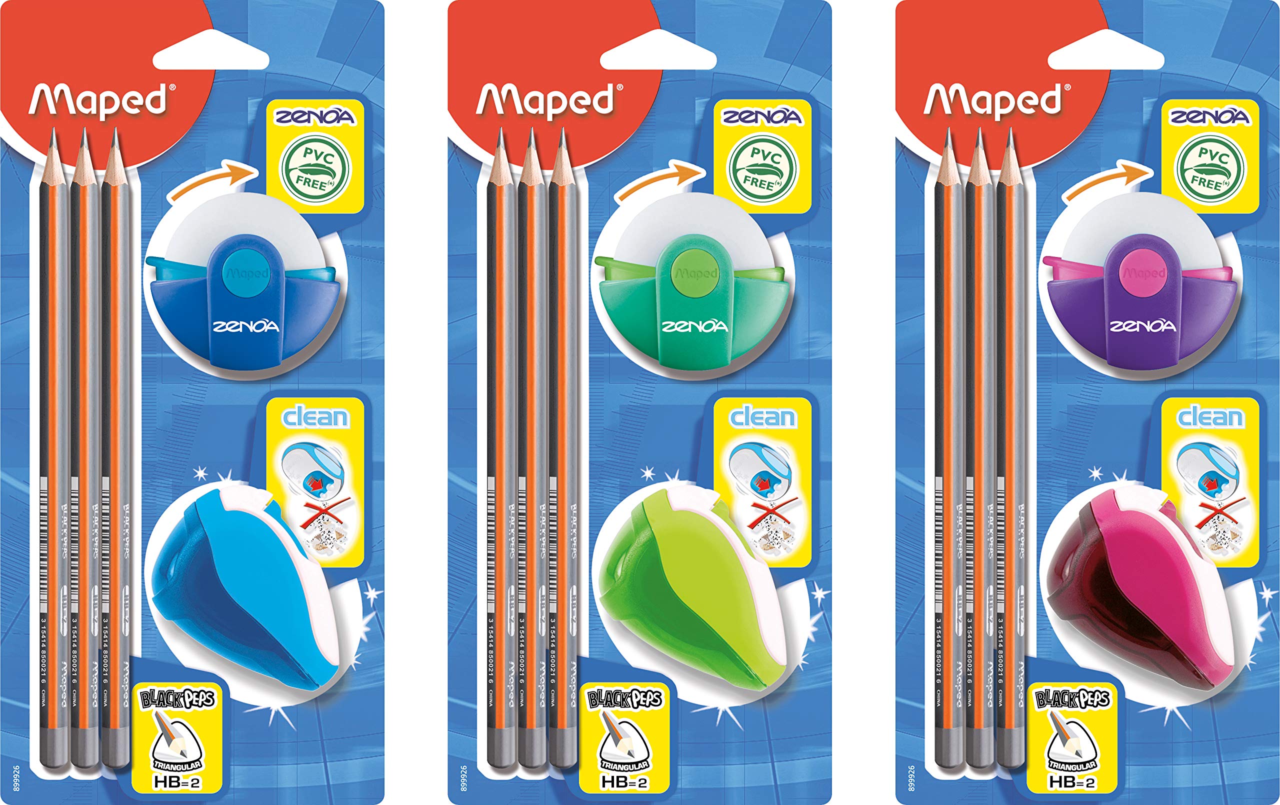 Maped - Starter set for students made from FSC-certified wood - 3 x black peps pencils, 1 x Zenoa eraser, 1 x Clean sharpener, green, pink, blue - random colour, pack of 5 (1 pack)