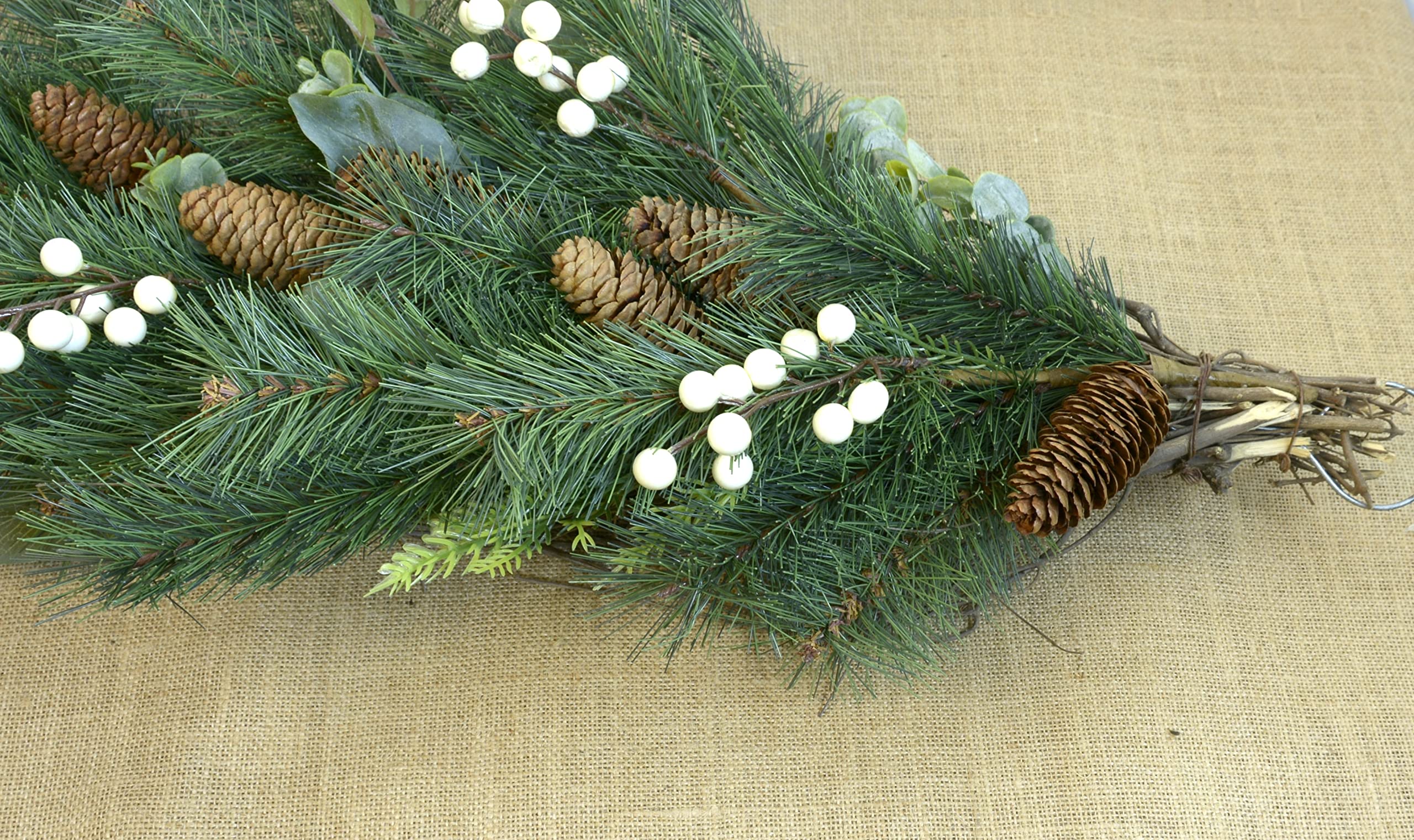 Direct Export 28 Inch Lush and Full Winter and Christmas Teardrop Swag with Real Pine Cones and Twigs and Artificial Mixed Pine and Berries