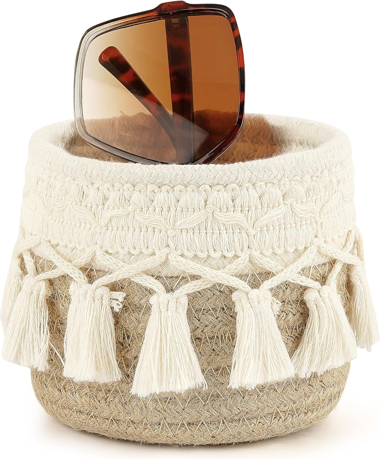 Linkidea Extra Large Sunglasses Desk Holder Stand Compatible with Extra Large Glasses, Brown Cotton Rope Eyewear Storage Desk Display Basket