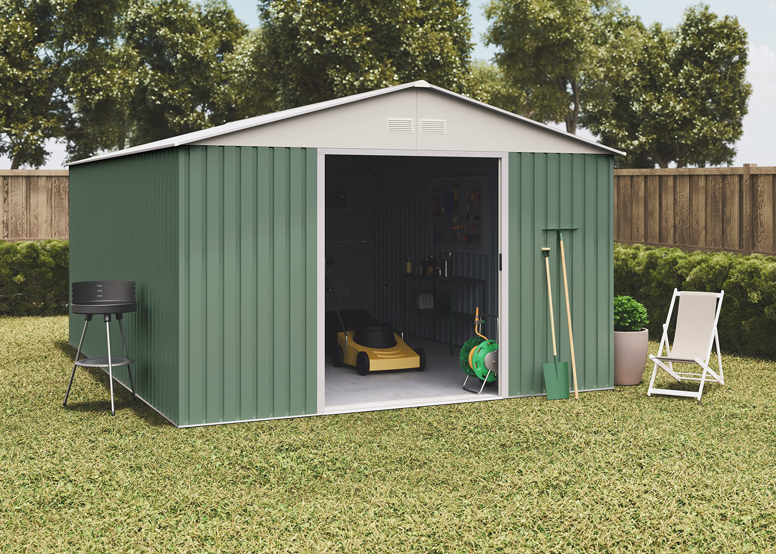 Hoggar - Caseta Metálica de Jardín 15,5 m2 Anjala – 4 Rejillas Anticondensación – Verde y Beige - Puerta Corredera Doble – Techo a Dos Aguas - Cobertizo de Metal - Almacenaje Exterior