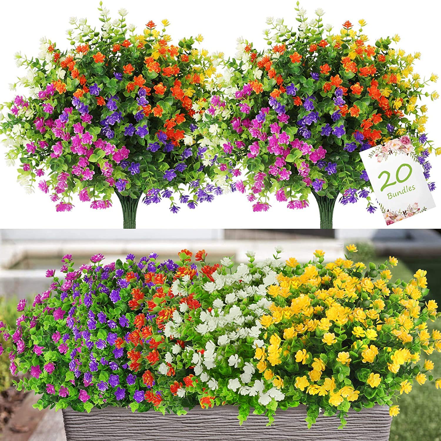 SIAMO Artificial Flowers for Decoration Bulk 20 Bundles,Hanging Plants Flowers Lifelike UV Resistant No Fade Faux Plastic Plants to Brighten up Your Garden Patio Porch Window Box Décor 5 Colors