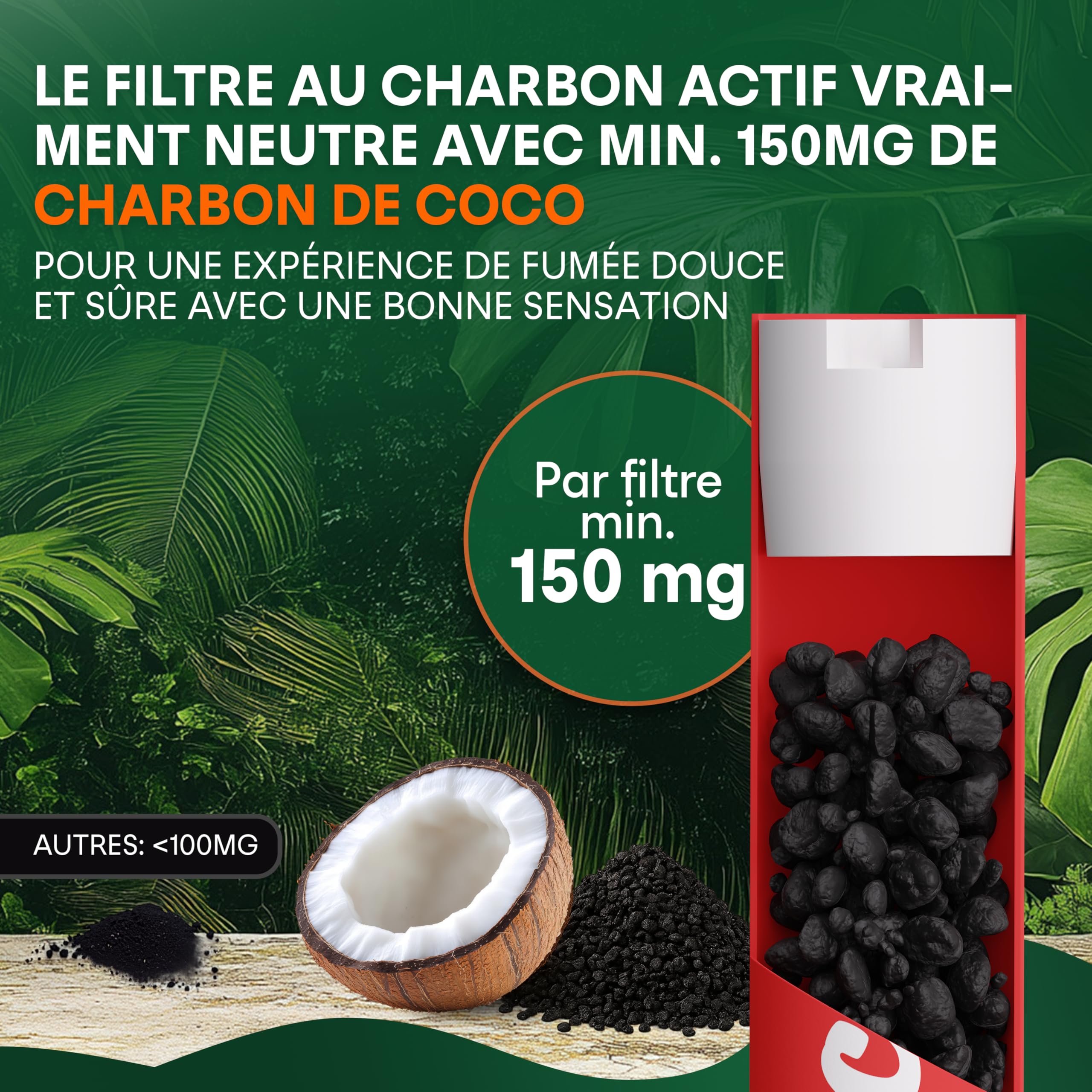 Filtres au charbon actif 6mm en coque de coco [500 + 50 pcs.] | 550 Filtres slim naturels avec embouts en céramique pour cigarettes roulées, 27mm chacun, dans un sachet refermable