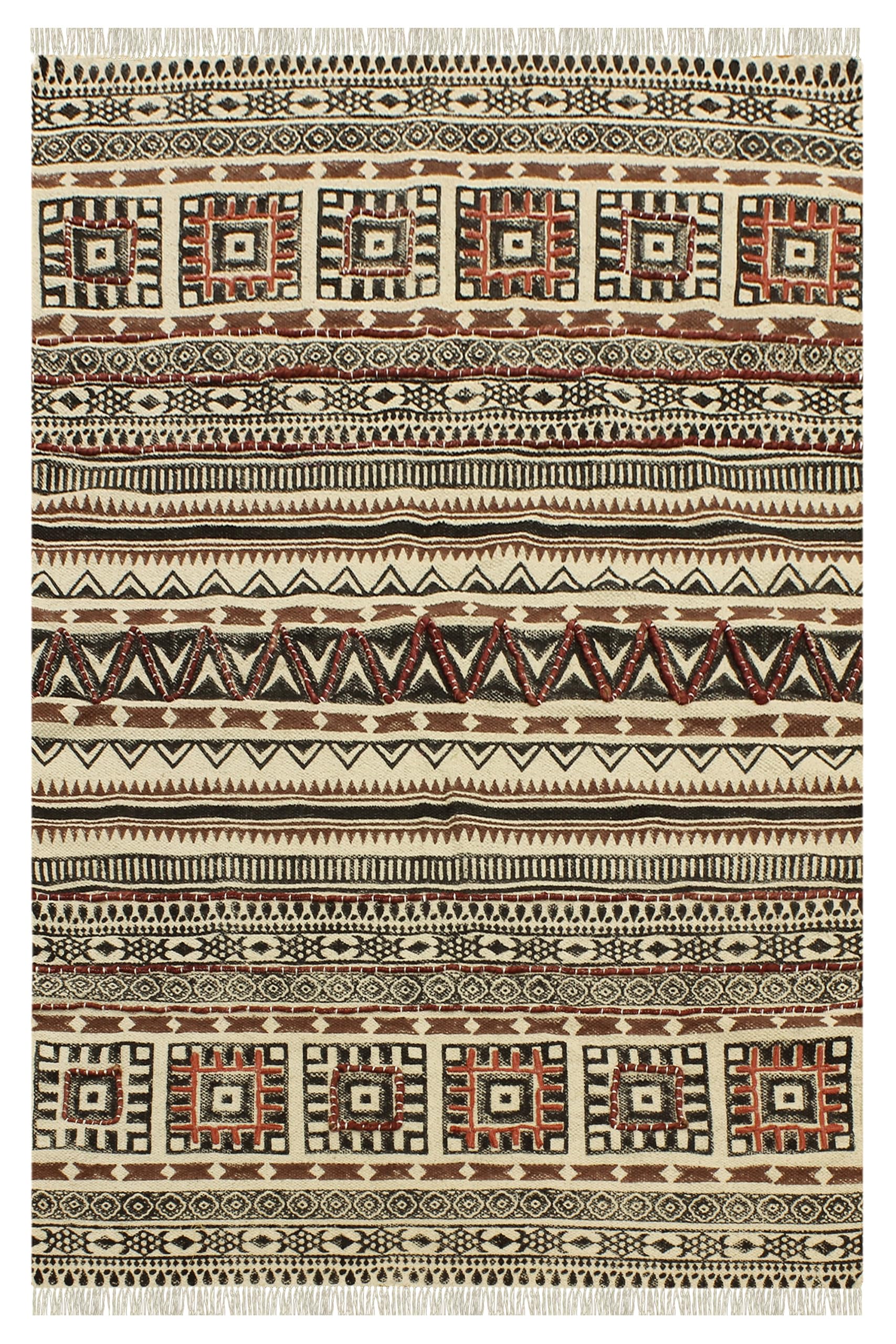 Tapis carré 2,4x2,4m en coton marron et noir tissé plat Dhurrie