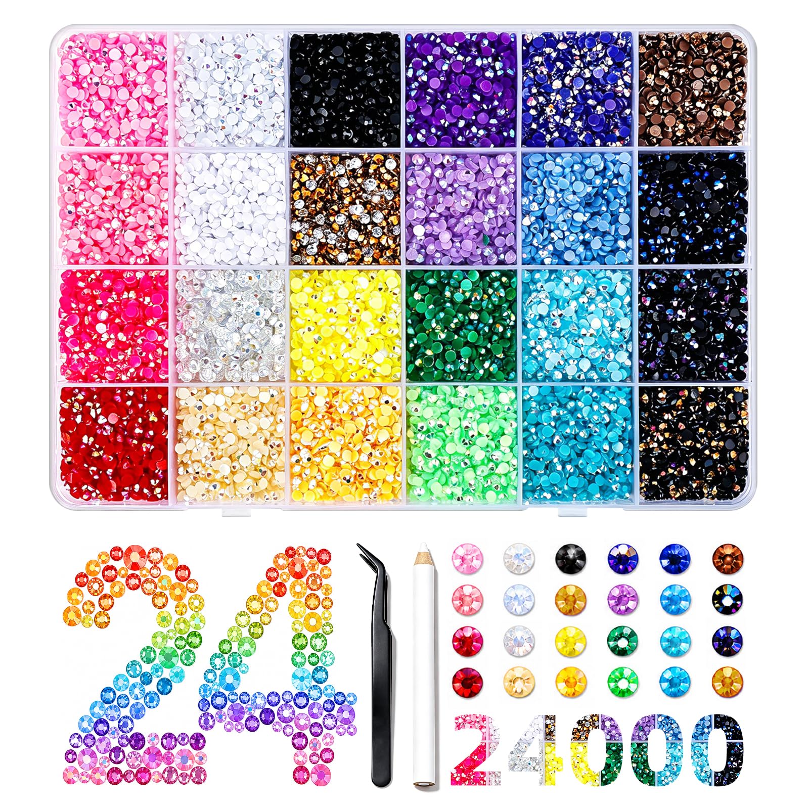 24000Pcs 24 Colors Resin Jelly Rhinestones for Bedazzling, Multicolor 3mm Flatback Gems for Diamond Art, Bedazzler Kit with Tweezers and Pick-Up Pen, for Clothing Tumblers DIY Crafts-image-43