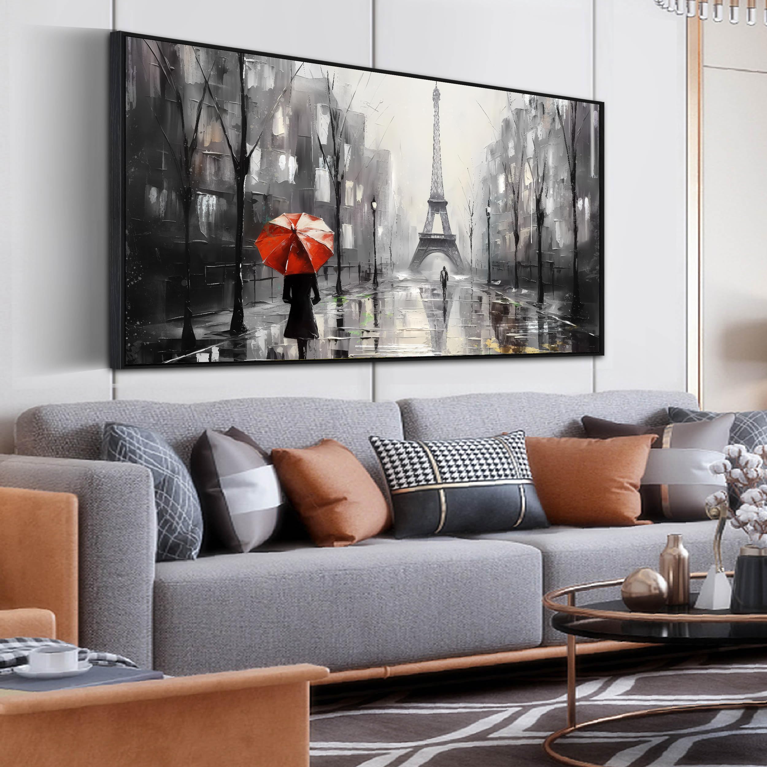 Framed Wall Art for Living Room, Paris Eiffel Tower Canvas Wall Decor for Bedroom, Red Black and White Picture Artwork for Home, Large Size 29x59 Inches