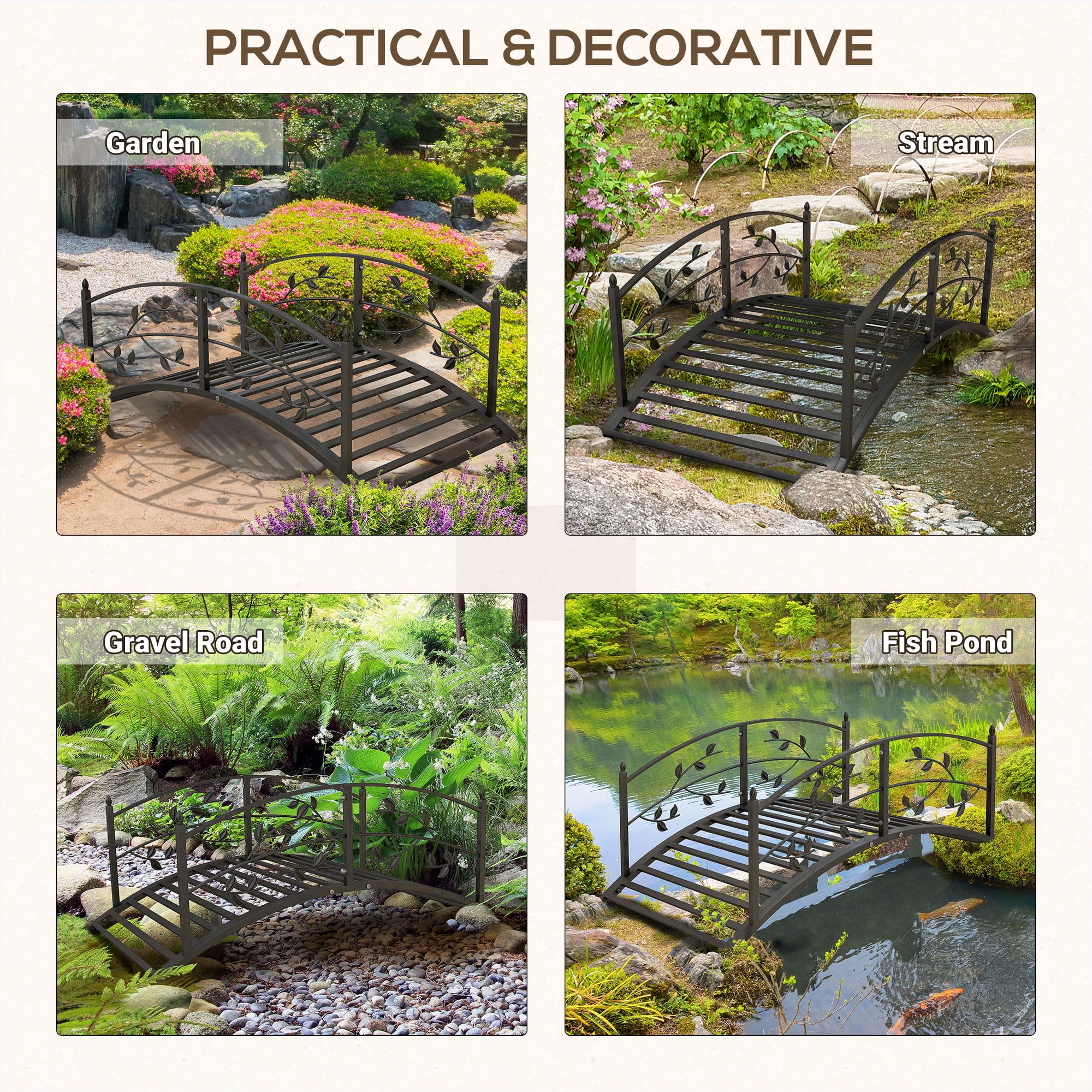 Outsunny Puente de Jardín - Puente de Cuenca - Decoración del Jardín Dom. 119 x 67 x 47 cm, con barandilla, diseño de vid de acero negro