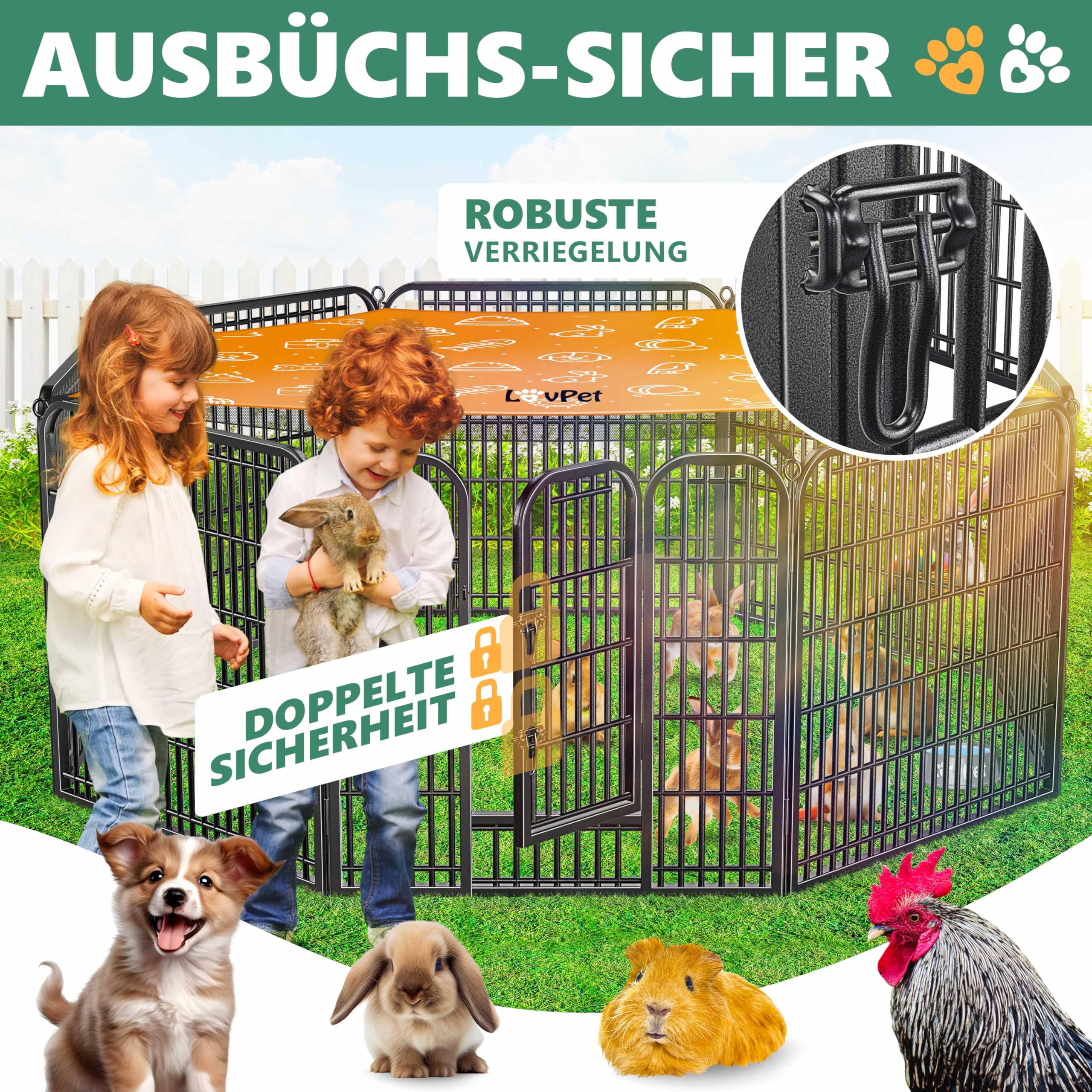 LovPet Welpenlaufstall Freilaufgehege Welpenauslauf I Hundelaufstall XXL 8 Gitter je 80x80 cm I Wetterfester Tierlaufstall mit Tür für Hund Katze Welpe Kaninchen Meerschweinchen I mit Dach & Erdankern