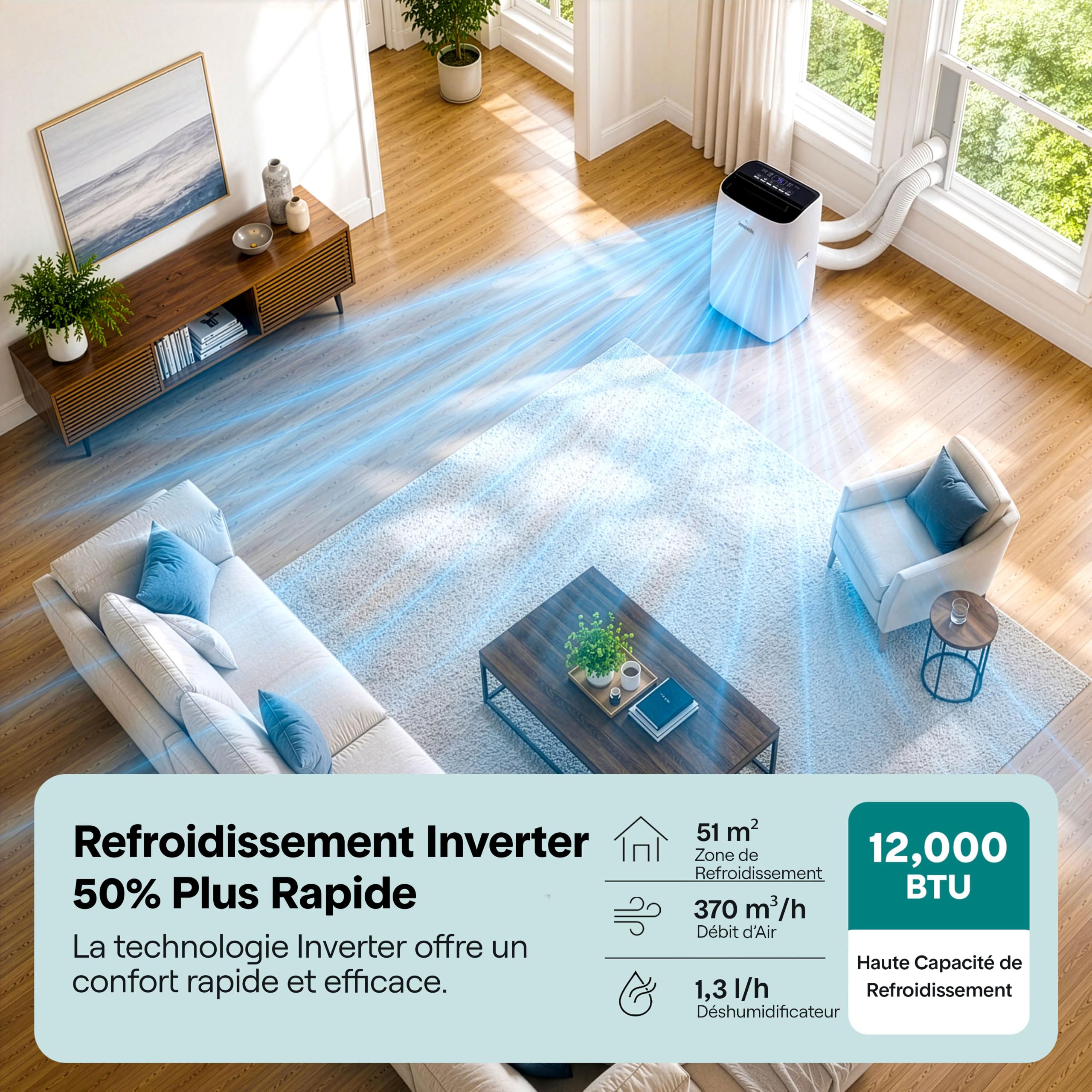SereneLife Climatiseur Mobile Inverter A+++ 12000 BTU – 4 en 1 Refroidissement Chauffage Déshumidification Ventilation, Auto-Swing, WiFi, Ultra Silencieux 44 à 49 dB avec Kit Fenêtre