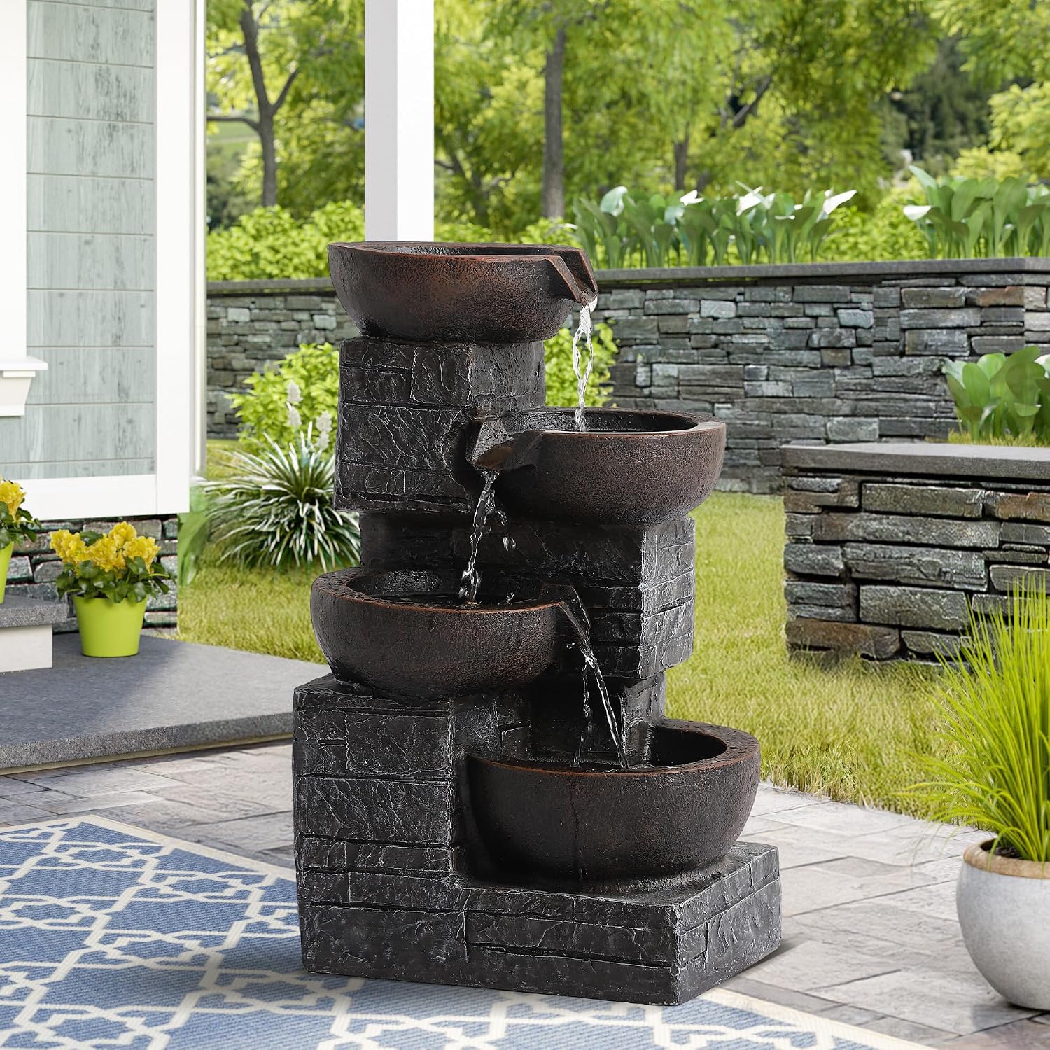 Outdoor/Indoor Water Fountain with LED Lights and Pump, 4-Tiers Cascading Bowls and Stacked Stones Garden Fountains Waterfall, Freestanding Resin Fountain for Patio, Garden, Porch (Gray)