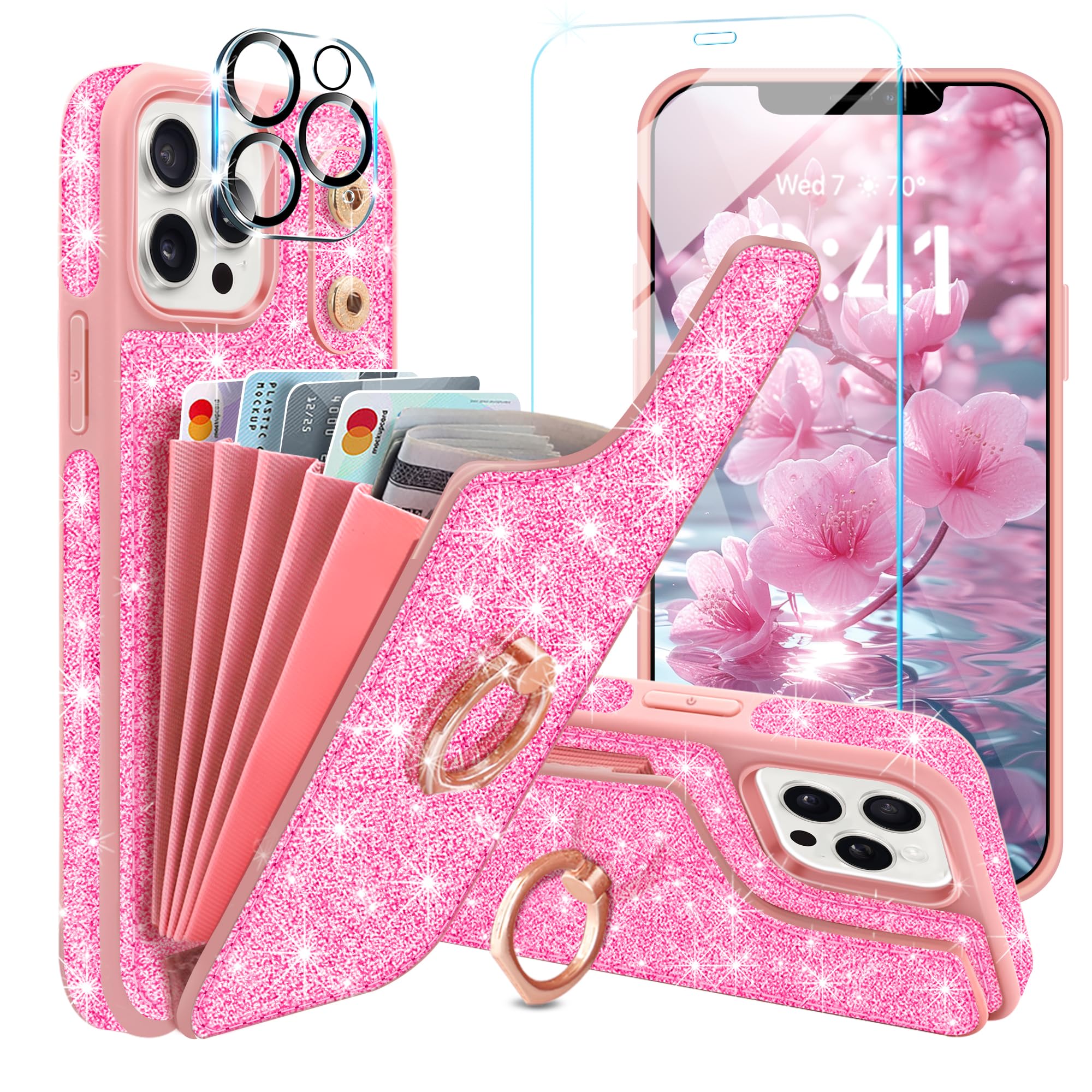 Casewind Case for iPhone 12 Pro Max Case Wallet,with [Credit Card Holder & 360°Ring Stand] [Screen Protector+Camera Lens Protector] Glitter PU Leather Protective Cover for 12 Pro Max Phone Case,Pink
