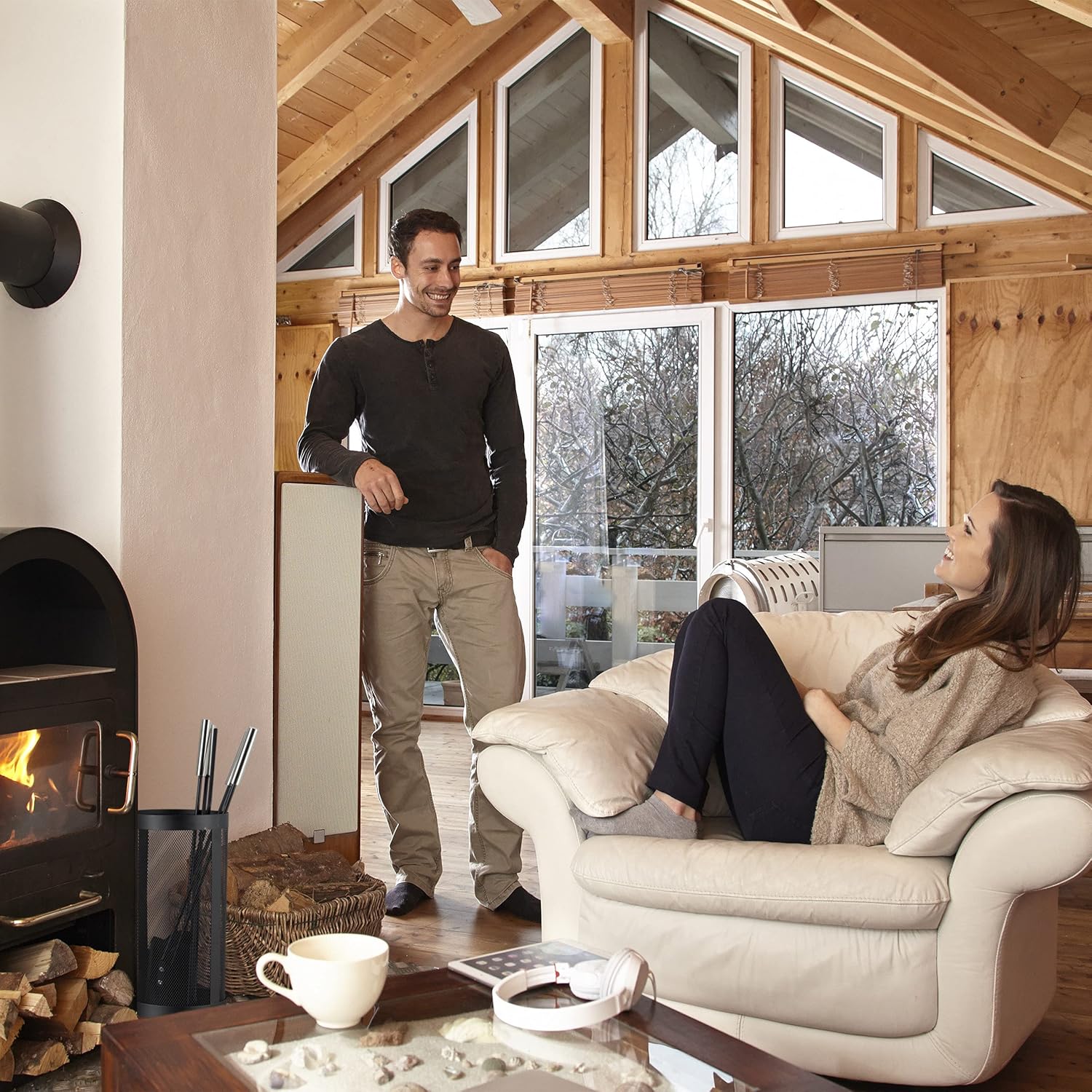 Relaxdays Modern Steel Fire Irons. 5-Piece Fireplace Companion Set with Shovel, Broom, Poker, Tongs and Stand, Black