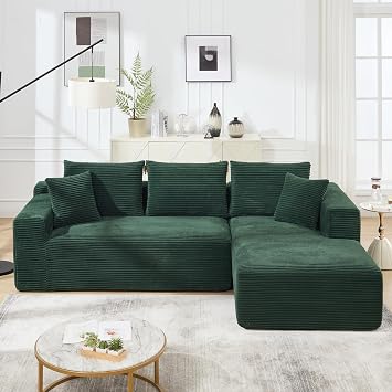 Sectional Sofa Couch, Boneless Couches for Living Room, Cloud Sofa with Oversized Chaise, Corduroy Fabric L-Shaped Couch with Pillows, No Assembly Required, Right Facing Chaise Green