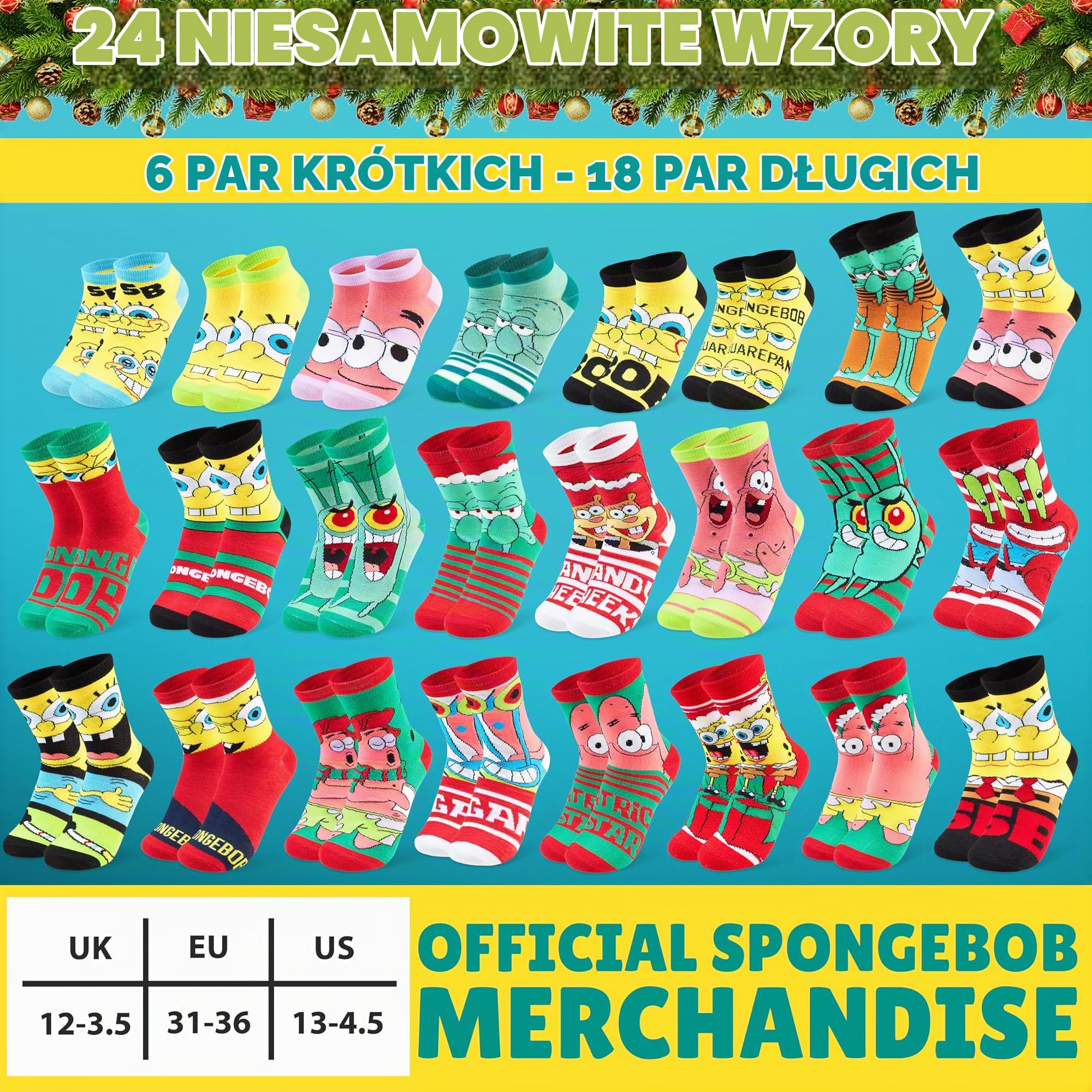 Get Trend SpongeBob Kanciastoporty, skarpetki, kalendarz adwentowy 2025, dla nastolatków, rozmiar dziecięcy 12-3,5, odliczanie do Bożego Narodzenia 24 dni, prezenty dla dzieci (Multi SpongeBob)