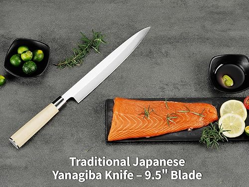 Miniatura 8 de Hollory Sashimi - Cuchillo de sushi japonés de 9.5 pulgadas, cuchillo de corte Yanagiba japonés, súper afilado, profesional, de acero inoxidable de