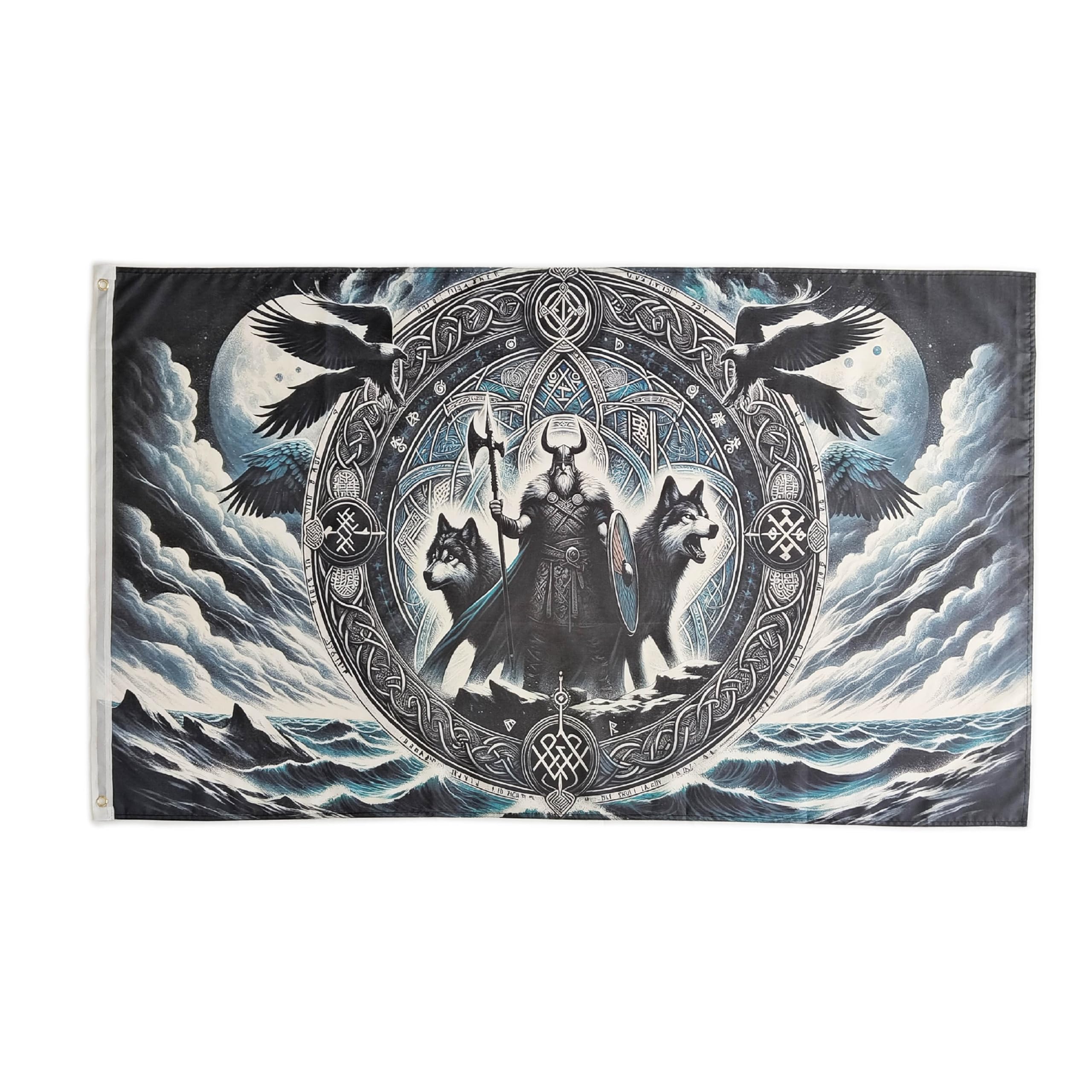 Pandiui23 Decorative House Flag for Yard Norse Viking Runes Print Two Wolves Welcome Yard Flag Hanging Lawn Decoration 3x5ft 90x150cm