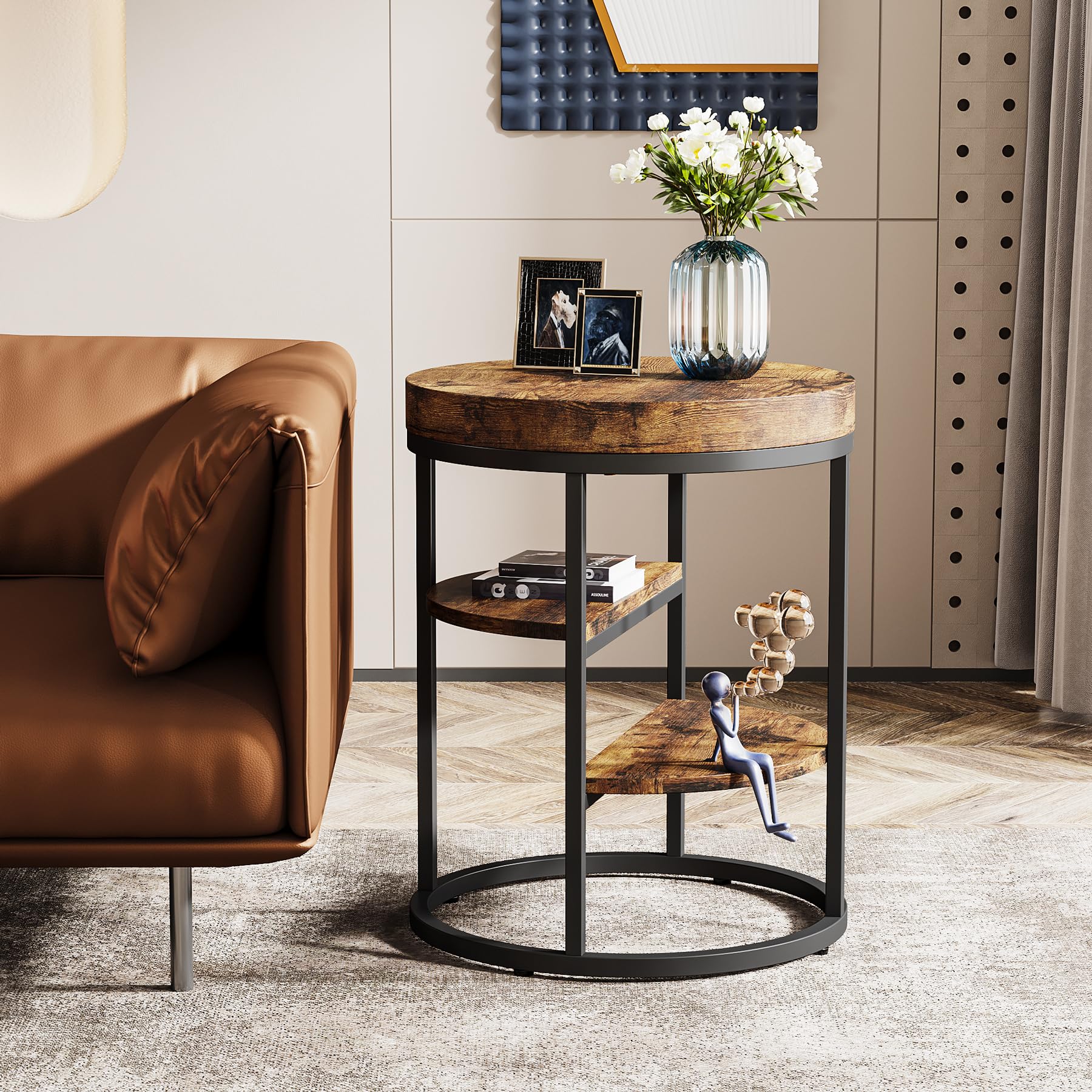 Tribesigns Mesa Auxiliar Redonda Pequeña Con 3 Estantes de Almacenamiento, Mesa de Madera Para Espacios Pequeños, Estilo Industrial Para Sala de Estar, Sofá