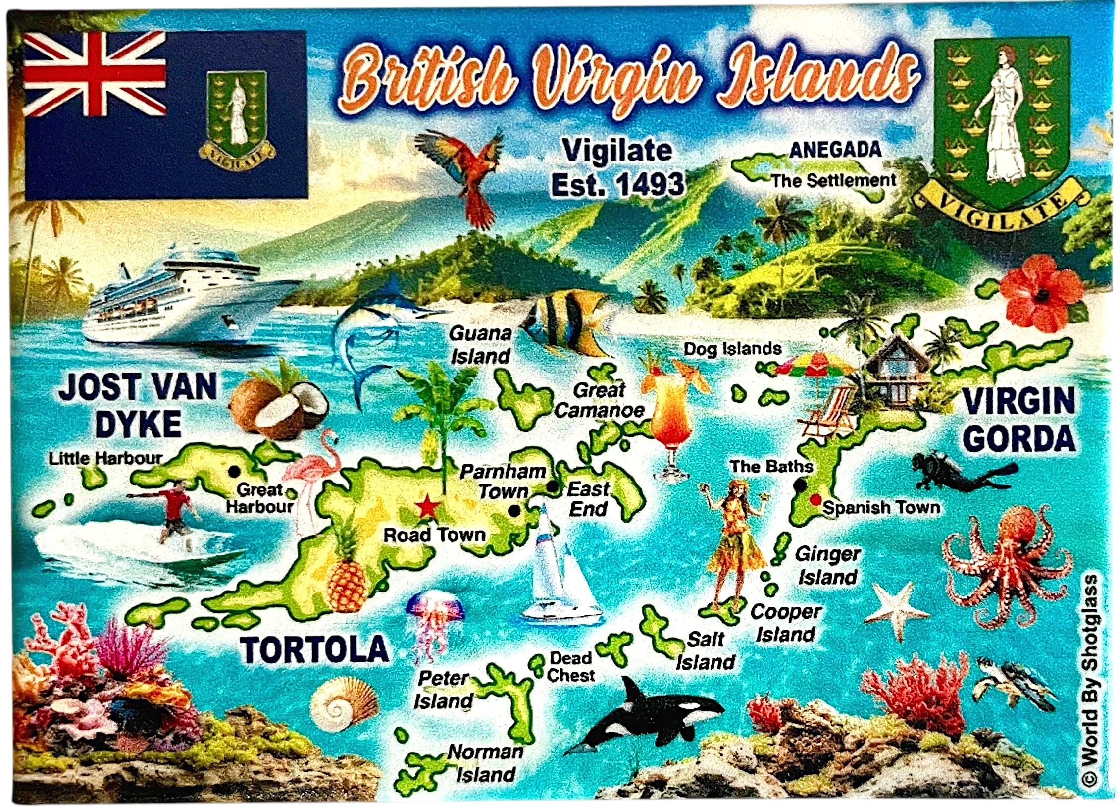 World By Shotglass Multicolor British Virgin Islands Tortola Map Caribbean Fridge Collector's Souvenir Magn...