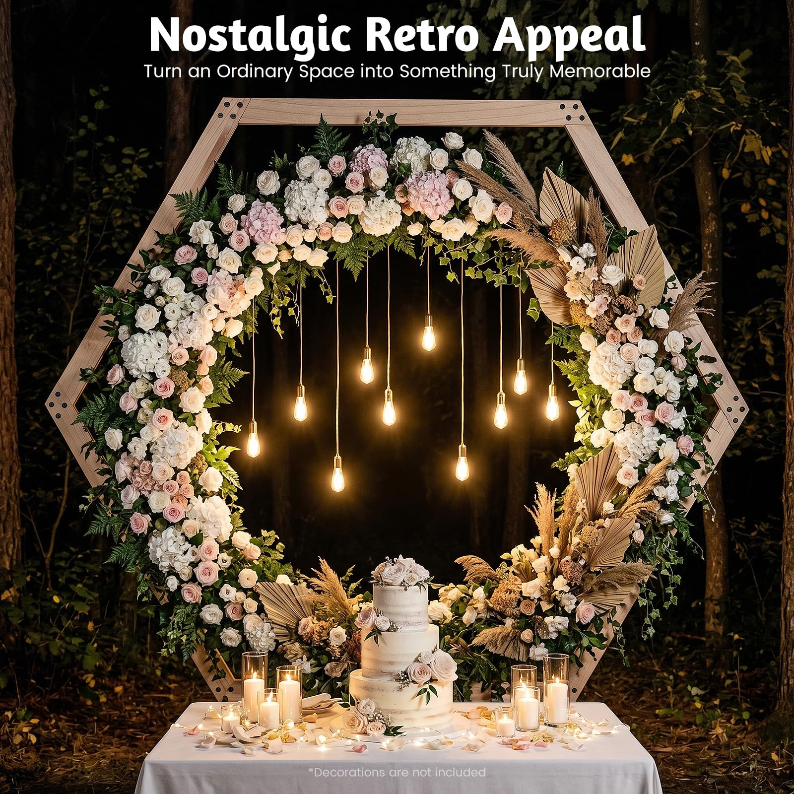 Hochzeitsdeko Holz Hochzeitsbogen Gestell Sechseckige Ballonbogen 2.33m Willkommensschild Hochzeit DIY-Design Ballonständer Outdoor Foto Hintergrund Indoor Party Ständer Retro Tischbogen