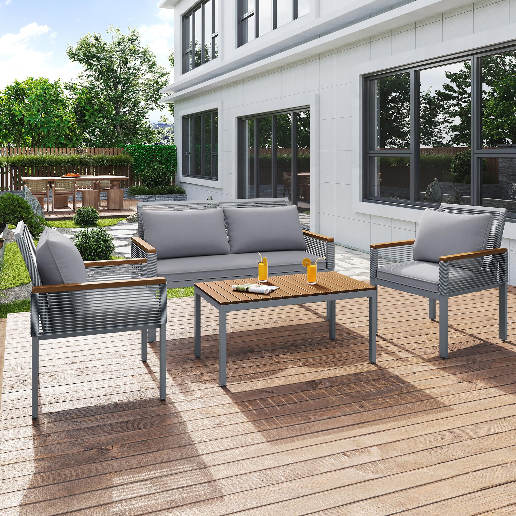 Salon Jardin 5 Pièces Rotin Gris - Canapé 3 Places, 2 Fauteuils, 2 Tables Basses En Verre