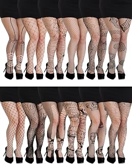 12 Pairs Plus Size Halloween Fishnets Stockings Women Skull Black Fishnet Tights Spider Web Fishnet Leggings Mesh High Waist Pantyhose