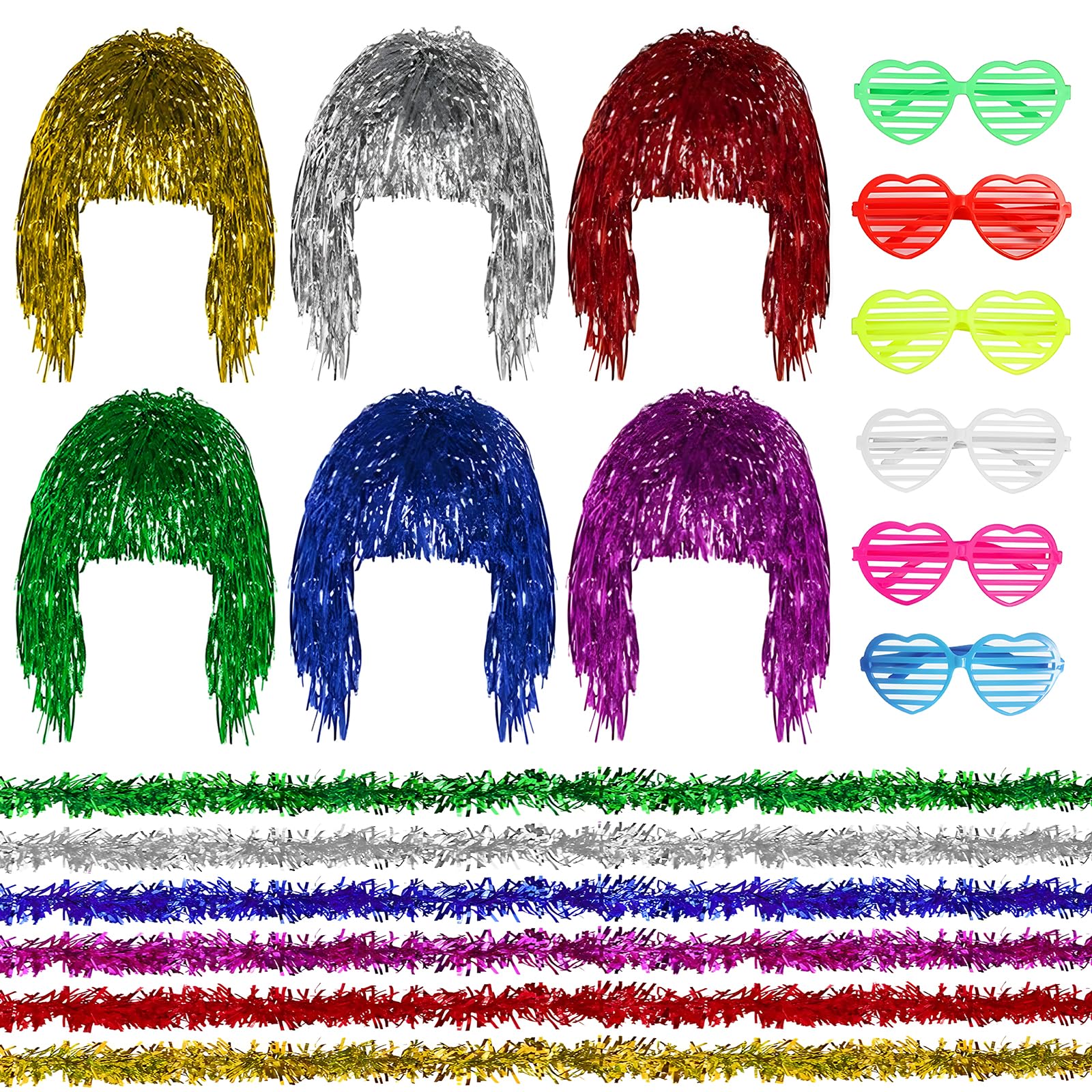 6 PCS Tinsel Wig, Party Wigs for Adults Comes with 6 Long Fur Strips and 6 Heart-Shaped Glasses, Reusable