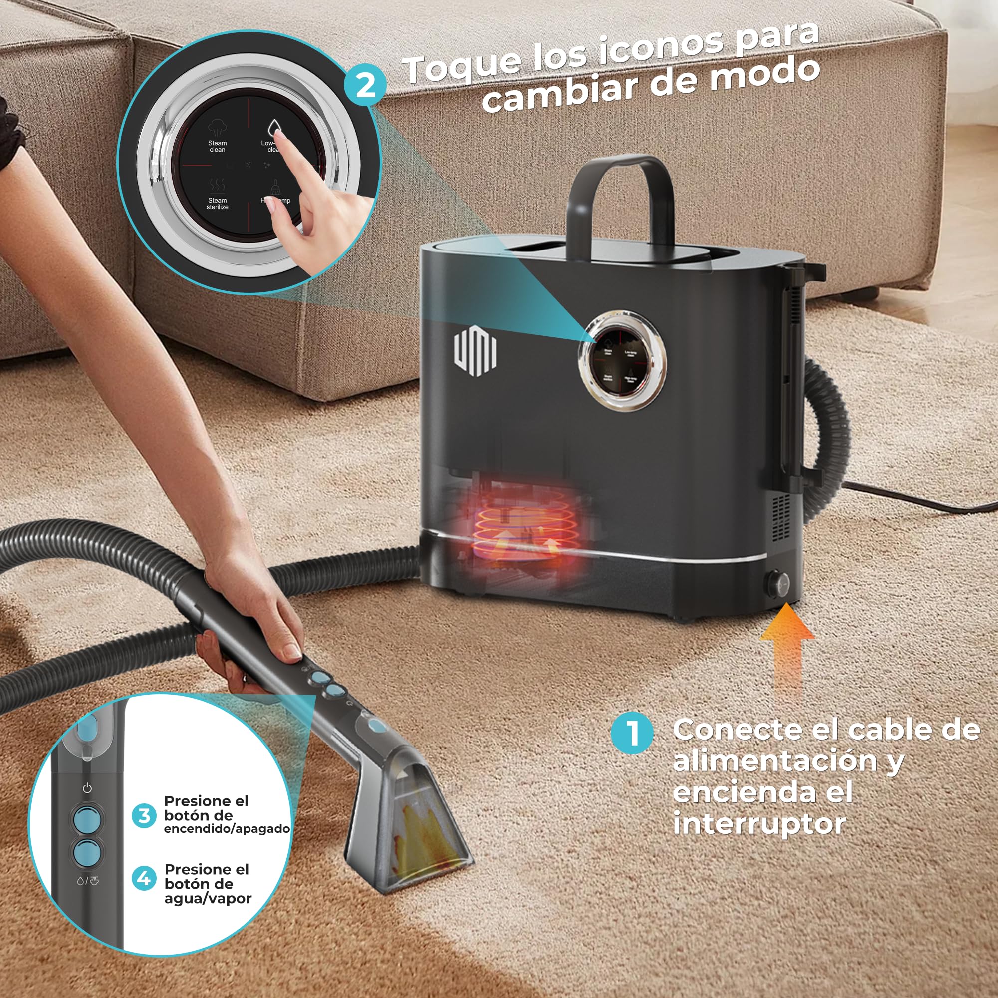UMI Limpiador a Vapor y Aspiradora de Tapicerías, Limpieza Profunda | con 4 Modos, Calefacción 1200W, con Detergente y Cepillos, Para Sofás Colchones Alfombras, Depósitos 1,2L y 1,1L
