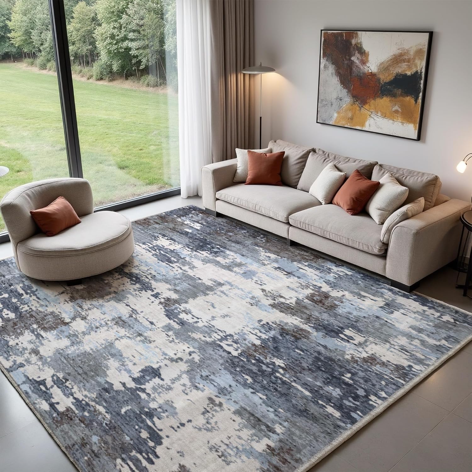 EnHomee 8x10 Area Rugs for Living Room,Large Ultra Soft Washable Rugs for Bedroom,Non Slip Stain Resistant Low Pile Indoor Accent Carpet,Modern Abstract Rug,Blue Grey