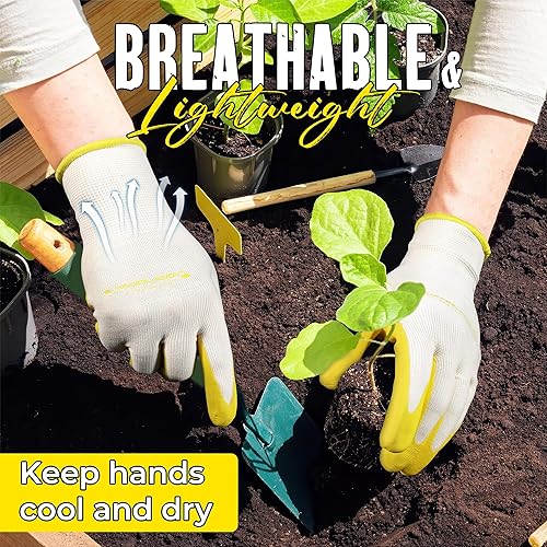 Miniatura 3 de HANDLANDY Guantes de jardinería para mujer, 3 pares de guantes de trabajo transpirables con revestimiento de nitrilo, el mejor regalo para mujeres