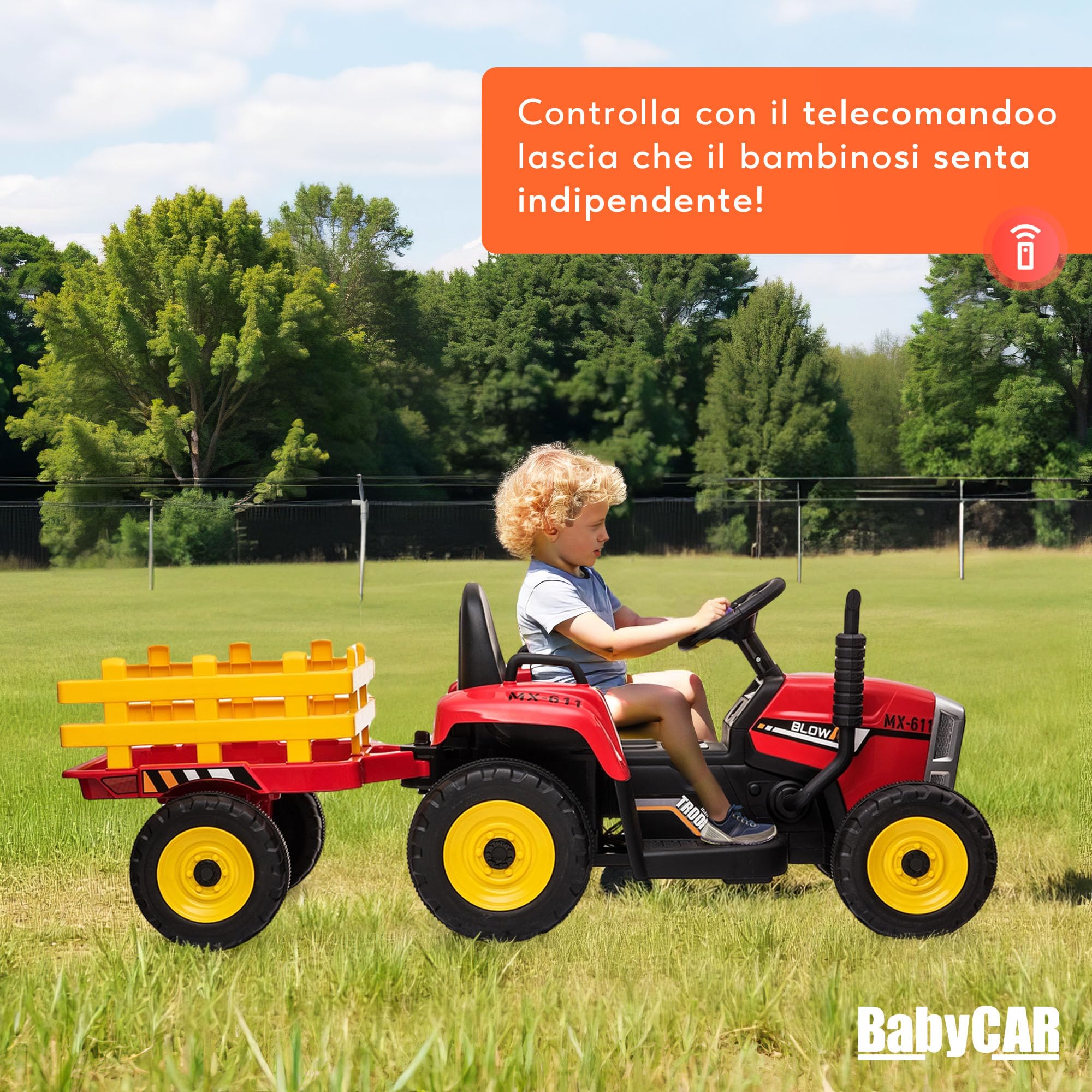 BABYCAR Trattore Elettrico per Bambini con Rimorchio (Rosso) – Macchina elettrica per Bambini, Batteria 12V, 2 motori, Trattore Elettrico con Luci e Telecomando